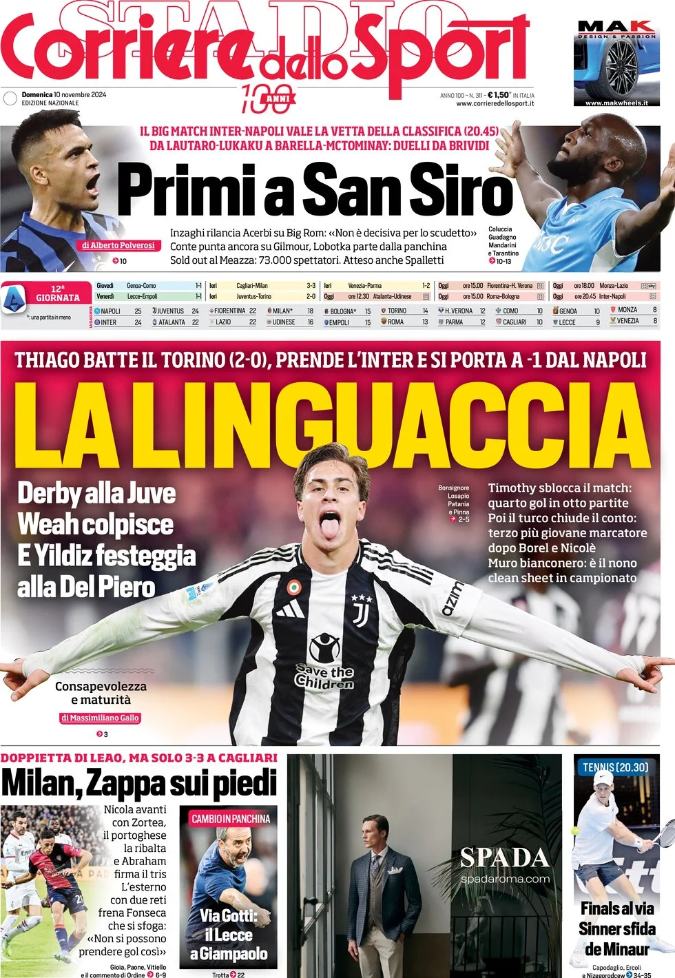 anteprima della prima pagina di corriere-dello-sport del 10/11/2024