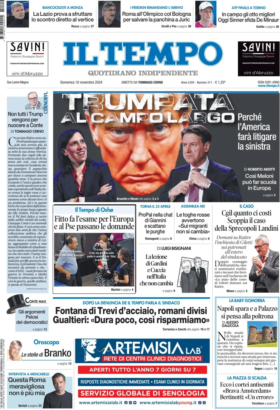 anteprima della prima pagina di il-tempo del 10/11/2024
