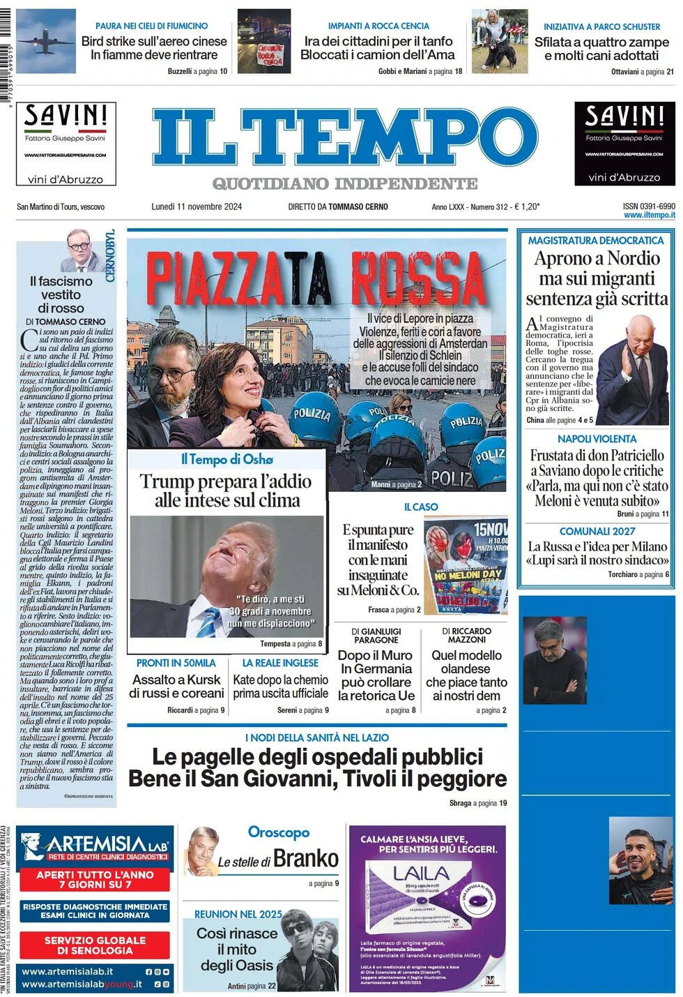 anteprima della prima pagina di il-tempo del 11/11/2024