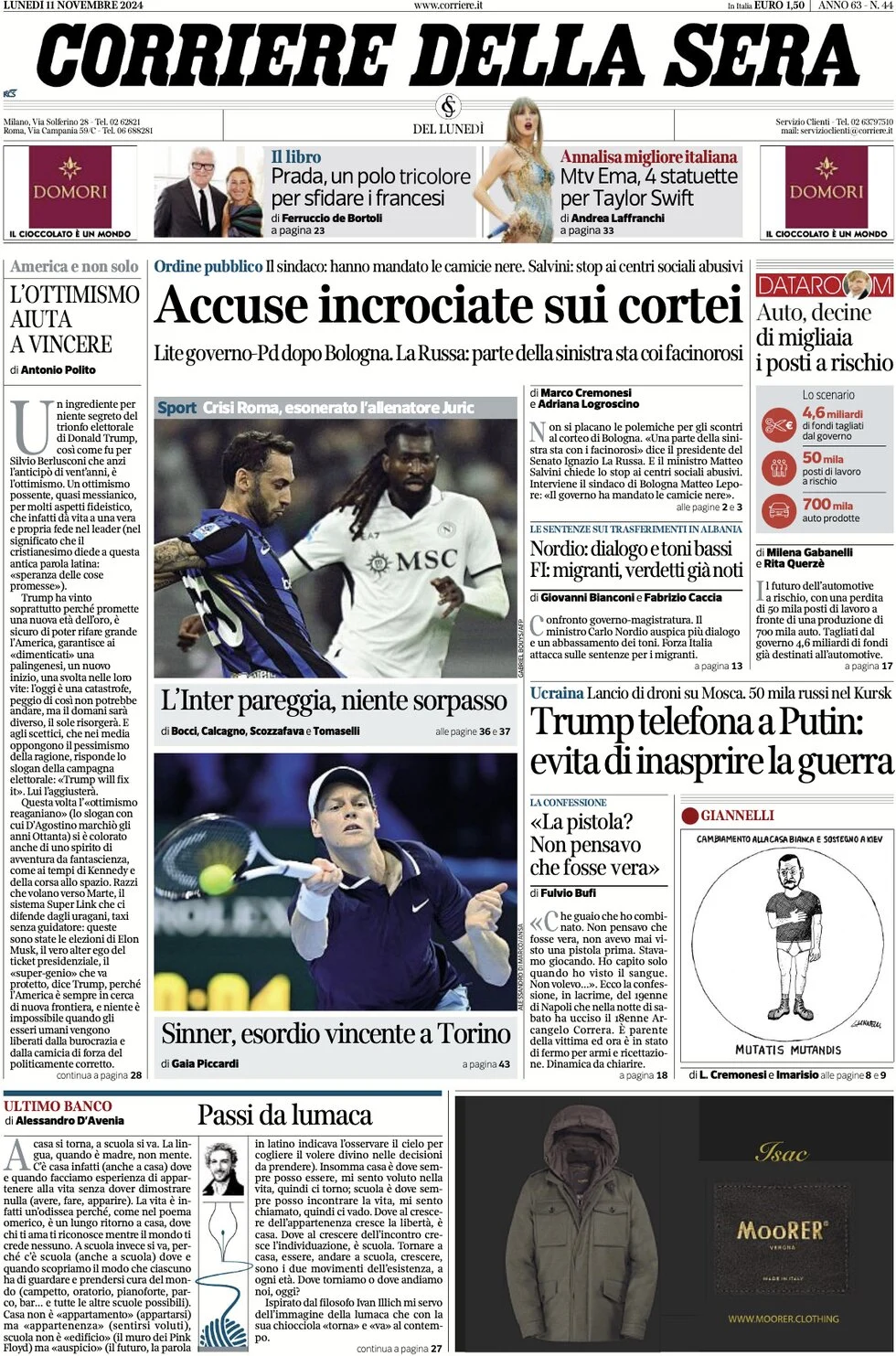 anteprima della prima pagina di corriere-della-sera del 11/11/2024
