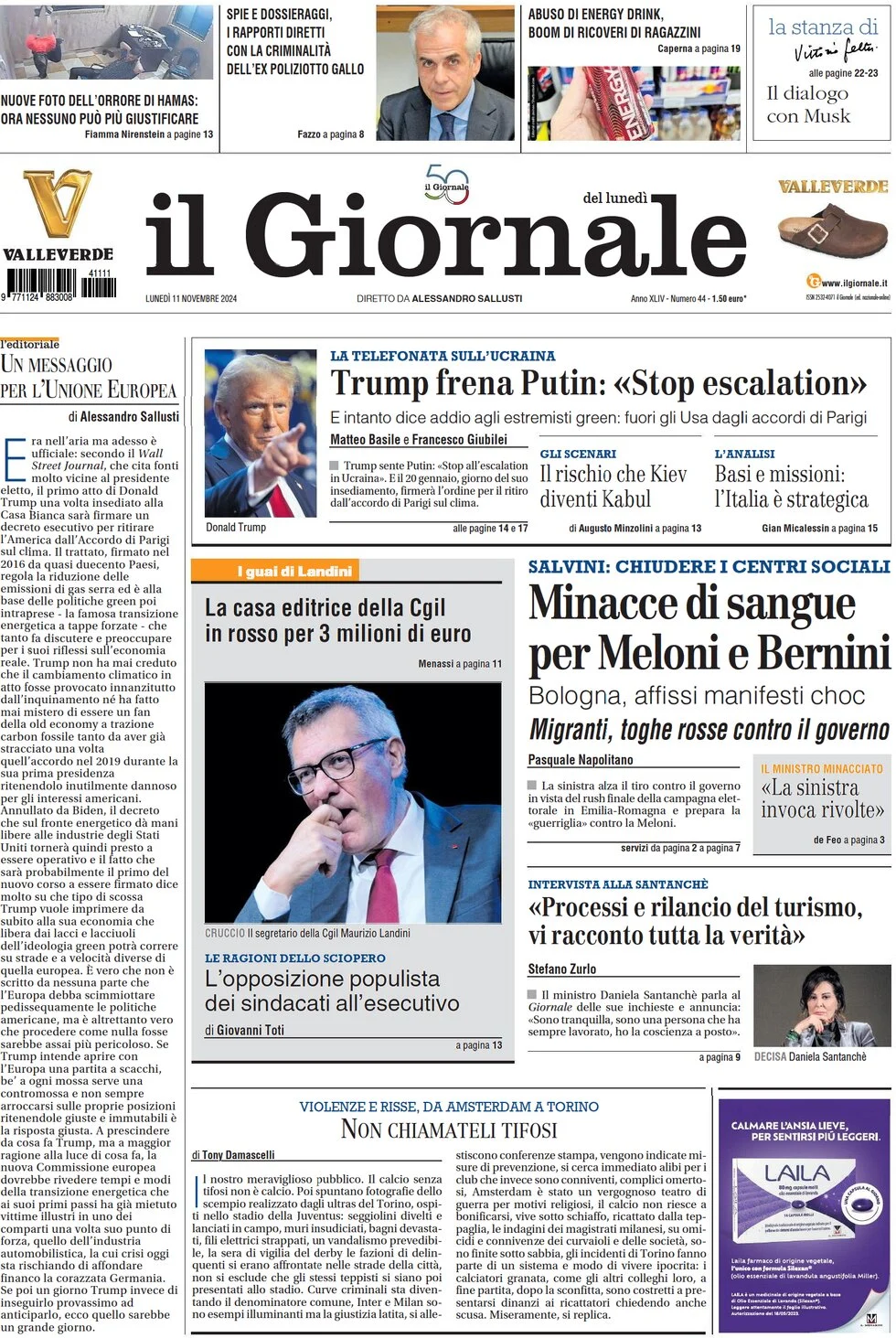 anteprima della prima pagina di il-giornale del 11/11/2024