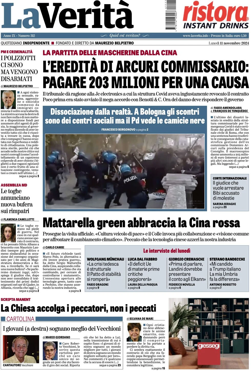 anteprima della prima pagina di la-verit del 11/11/2024