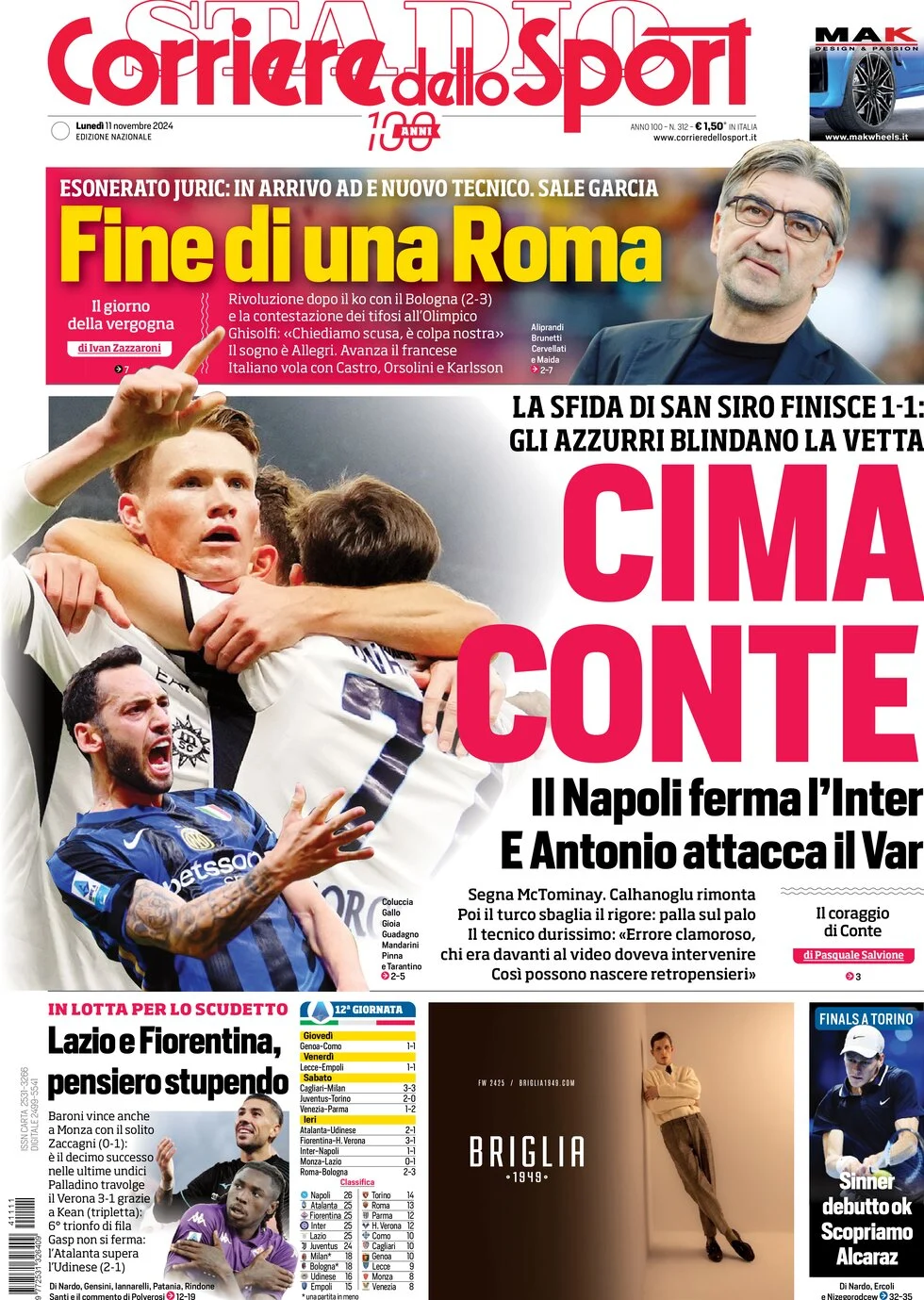 anteprima della prima pagina di corriere-dello-sport del 11/11/2024