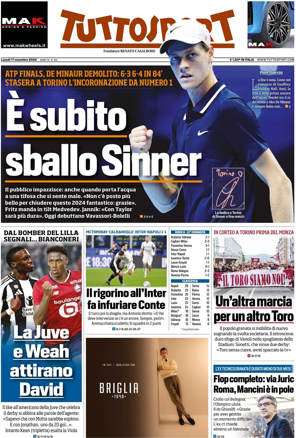 anteprima della prima pagina di tuttosport del 11/11/2024