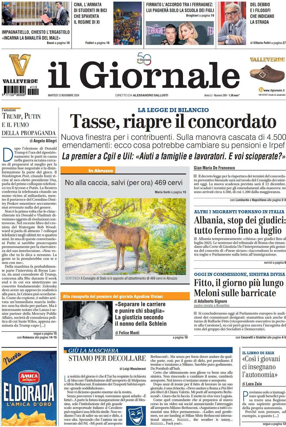 anteprima della prima pagina di il-giornale del 12/11/2024