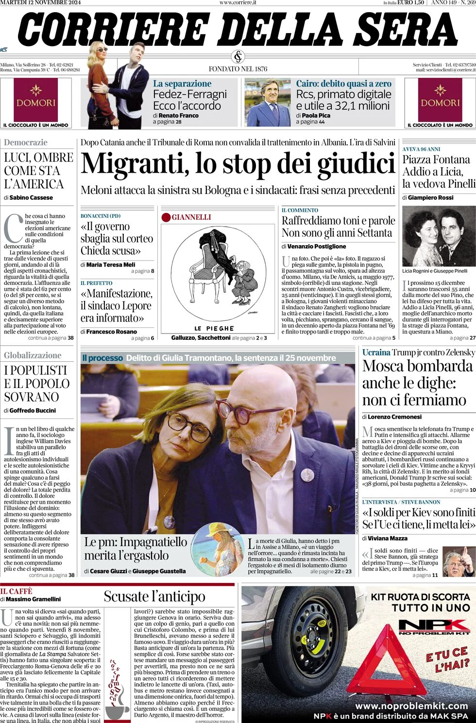 anteprima della prima pagina di corriere-della-sera del 12/11/2024