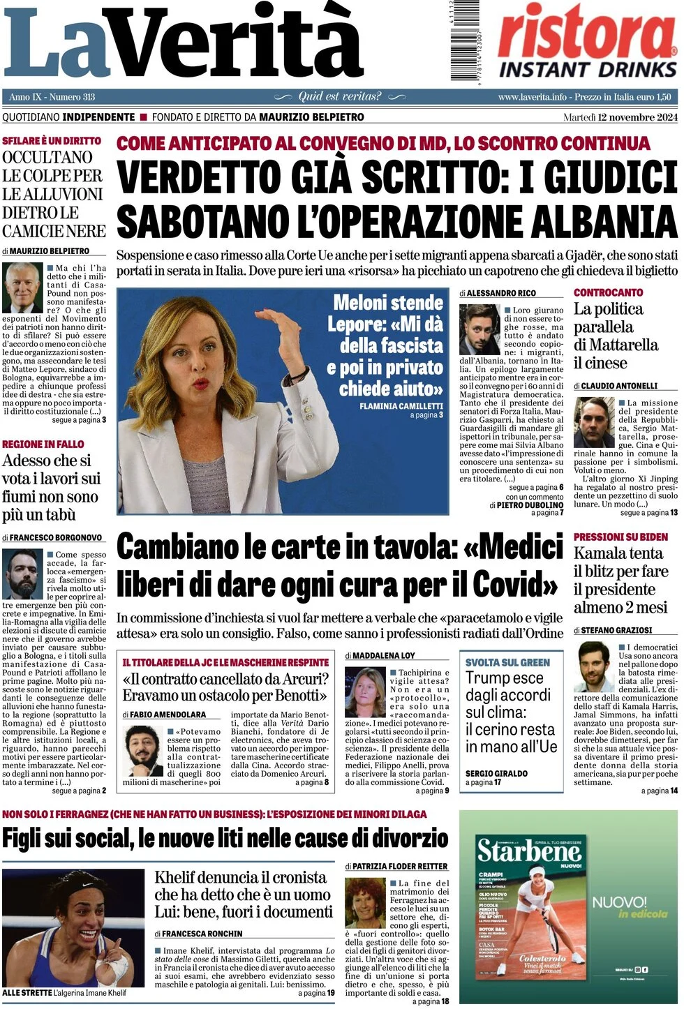 anteprima della prima pagina di la-verit del 12/11/2024