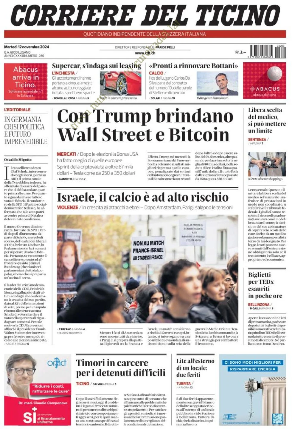 anteprima della prima pagina di corriere-del-ticino del 12/11/2024