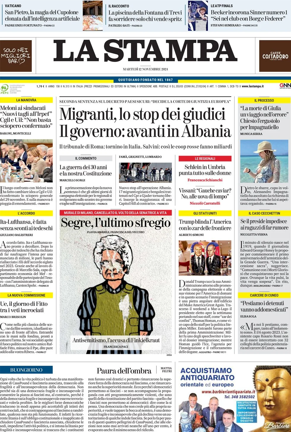 anteprima della prima pagina di la-stampa del 12/11/2024