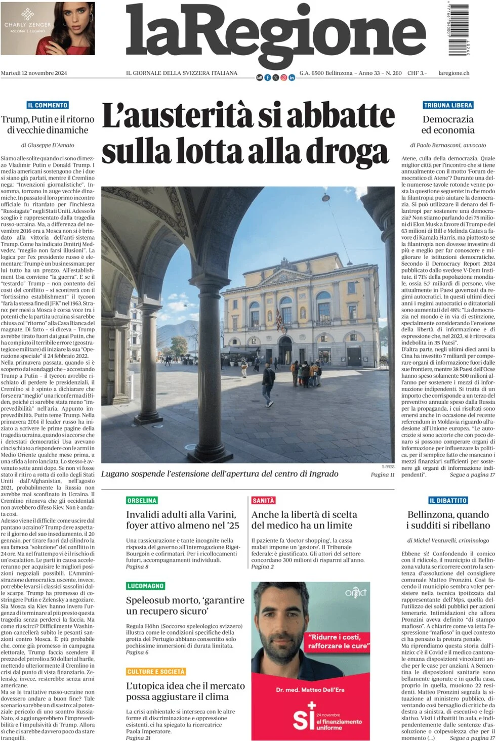 anteprima della prima pagina di la-regione del 12/11/2024