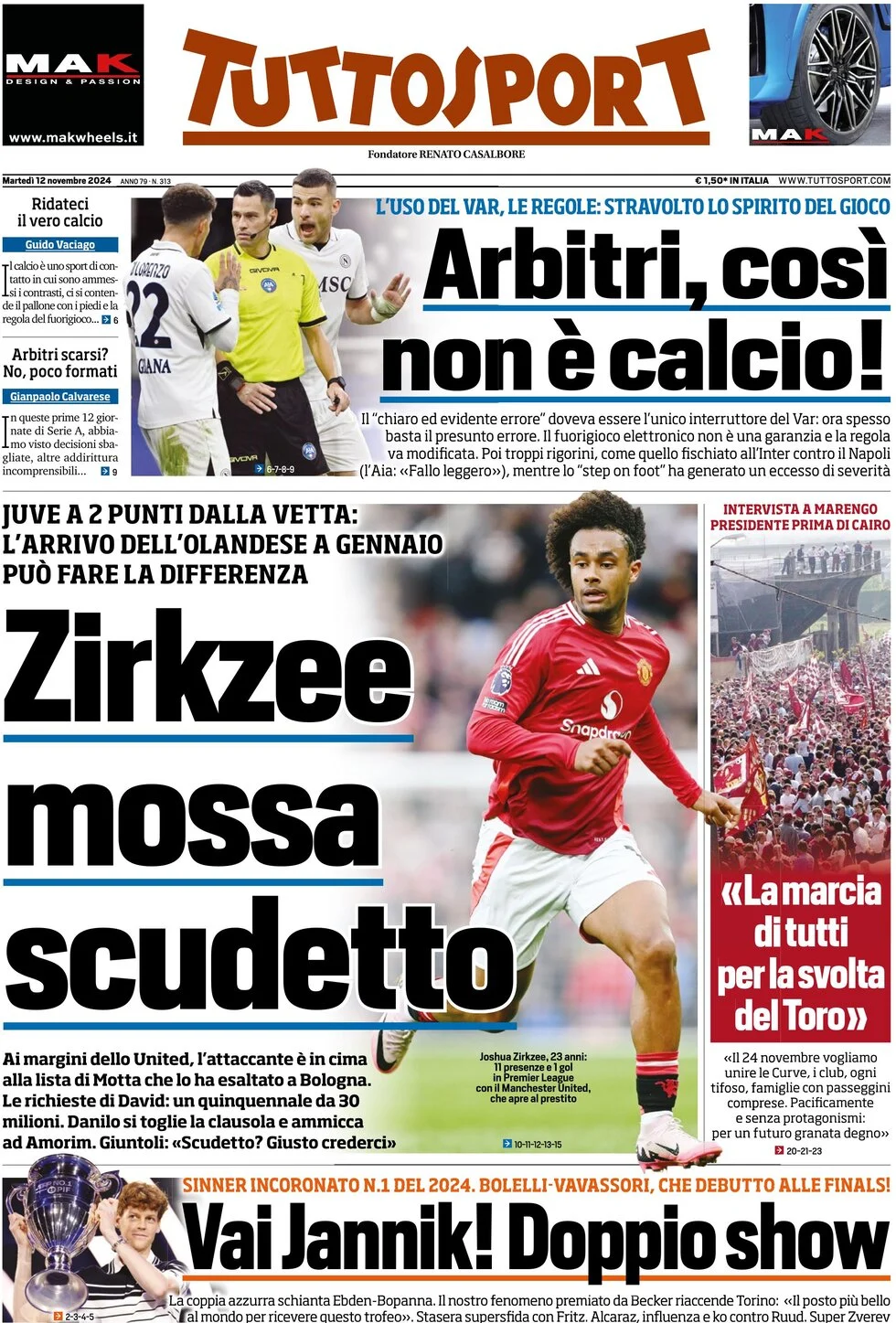 anteprima della prima pagina di tuttosport del 12/11/2024