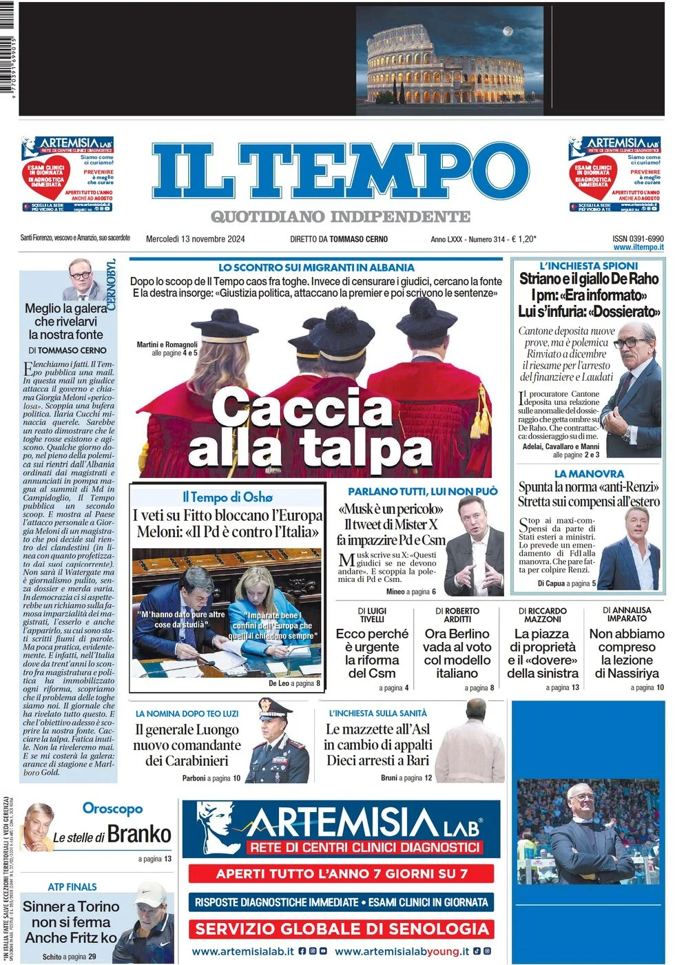 anteprima della prima pagina di il-tempo del 13/11/2024