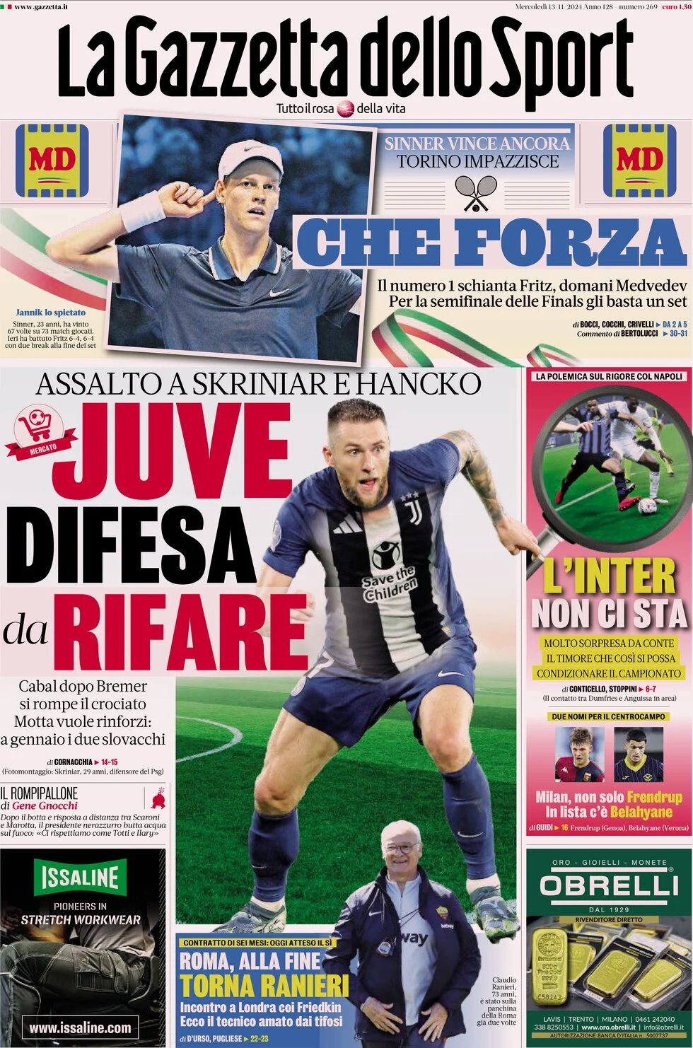 anteprima della prima pagina di la-gazzetta-dello-sport del 13/11/2024