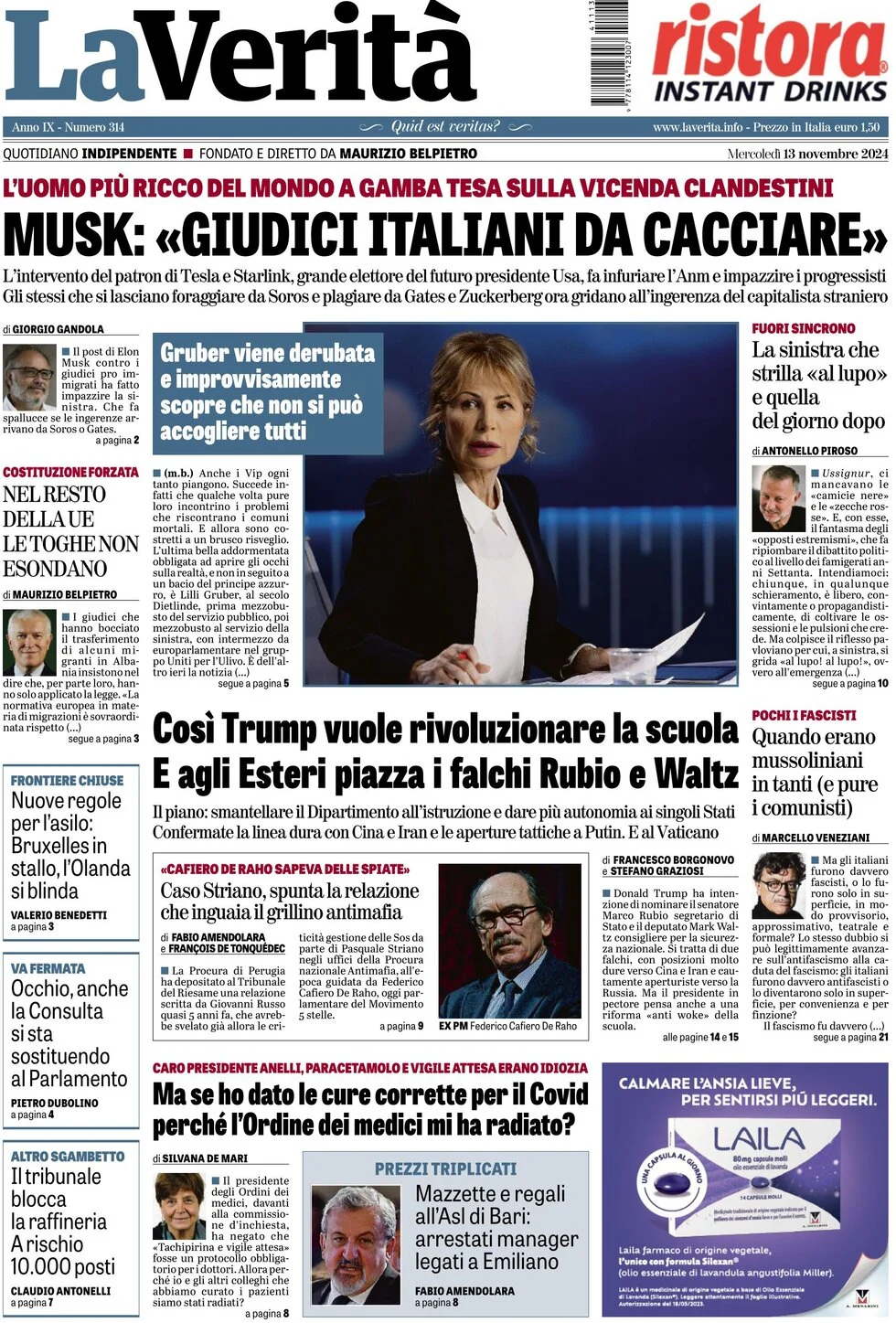 anteprima della prima pagina di la-verit del 13/11/2024