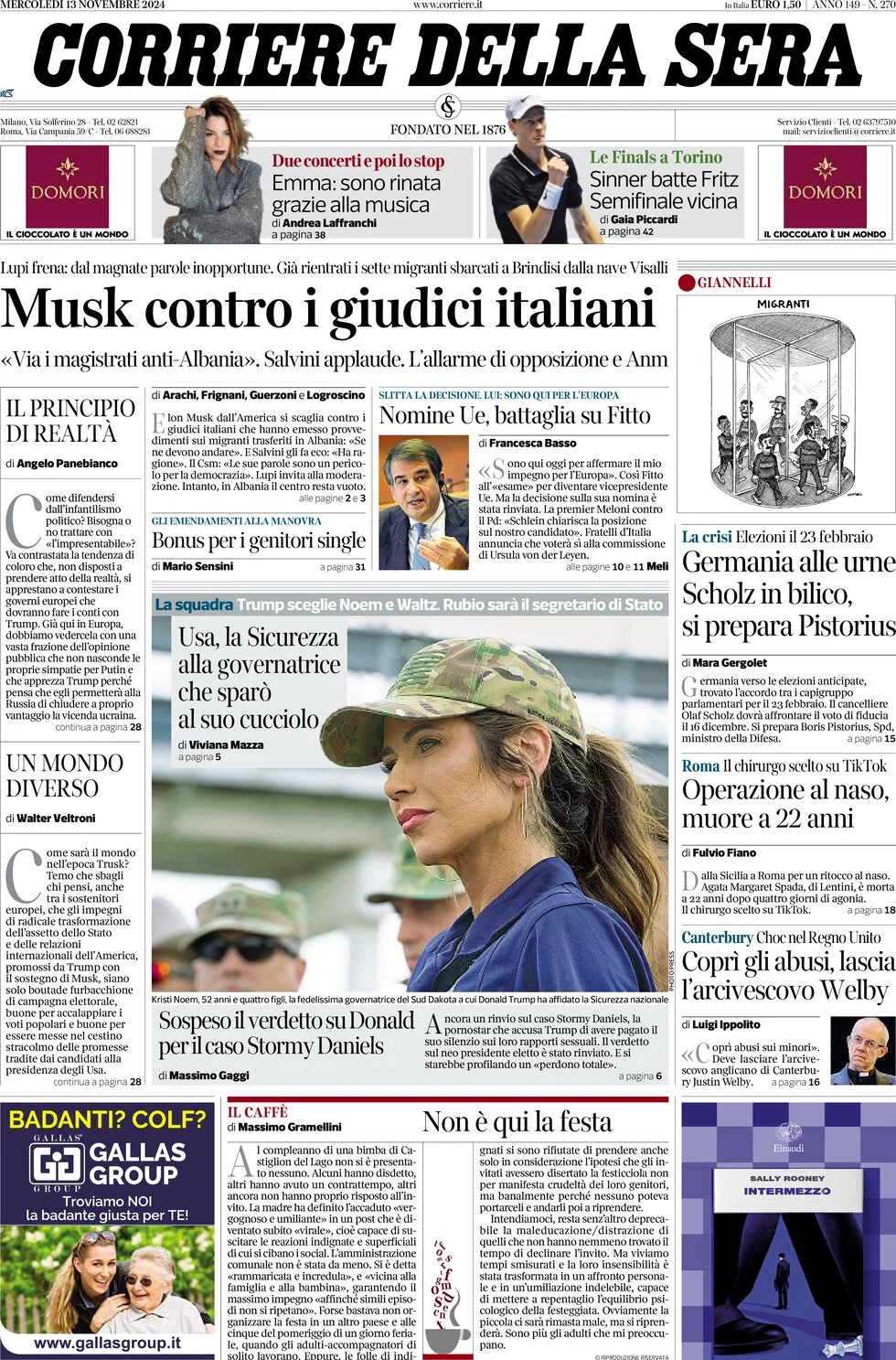 anteprima della prima pagina di corriere-della-sera del 13/11/2024