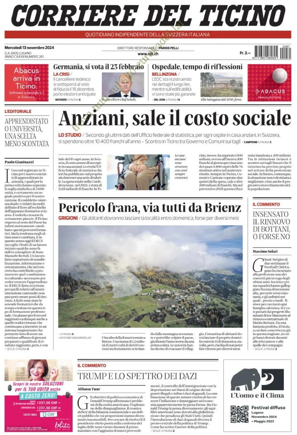 anteprima della prima pagina di corriere-del-ticino del 13/11/2024