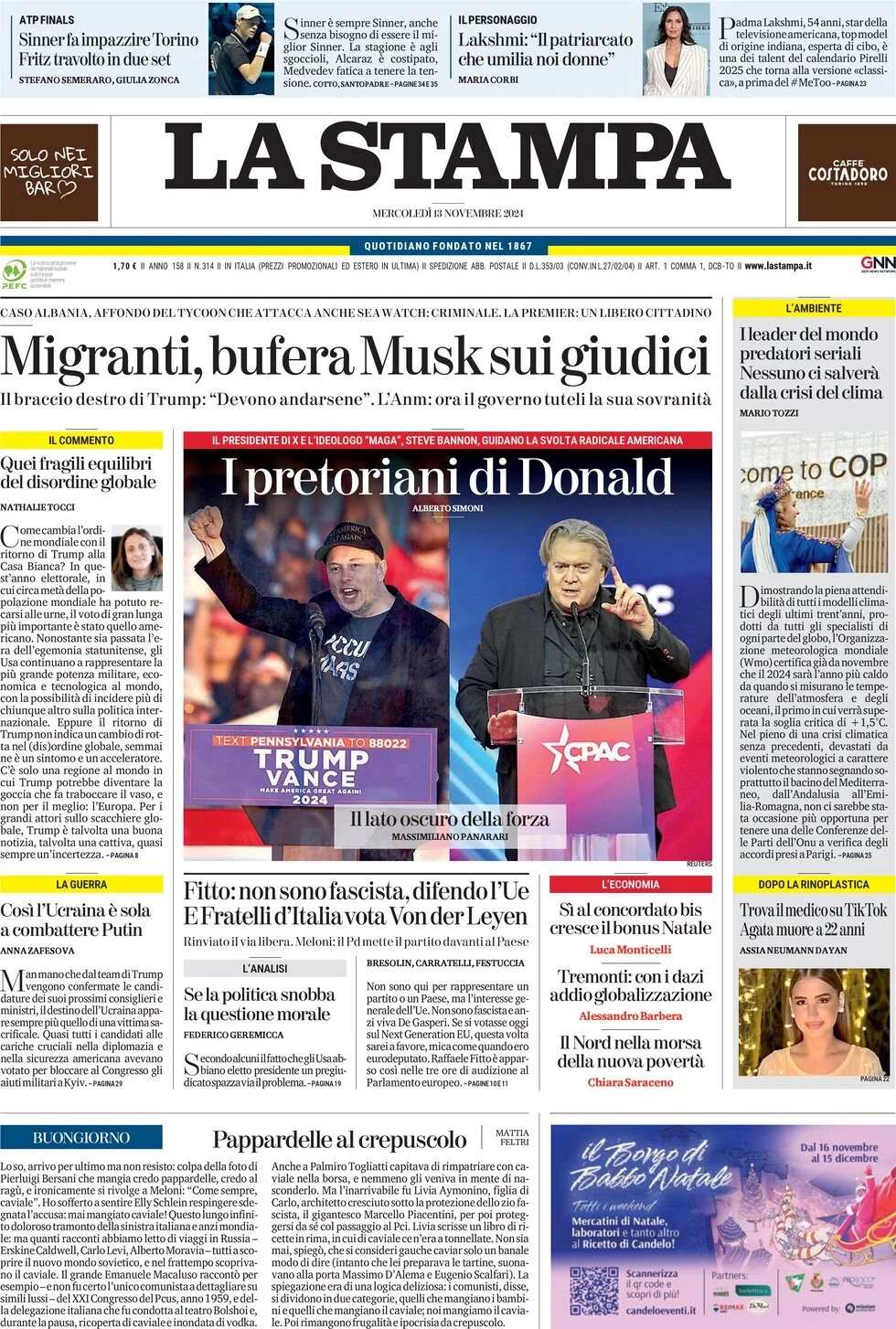 anteprima della prima pagina di la-stampa del 13/11/2024