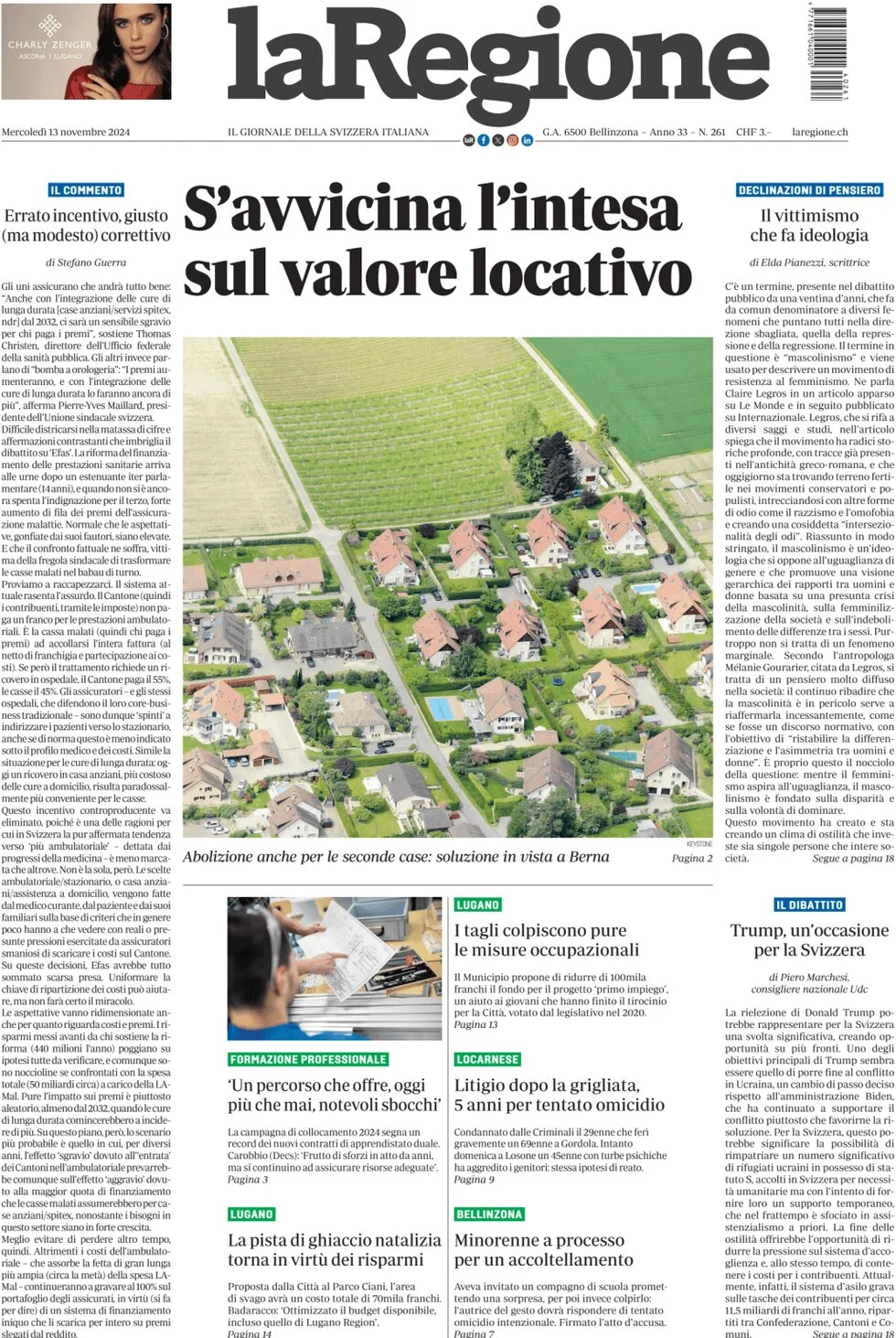 anteprima della prima pagina di la-regione del 13/11/2024