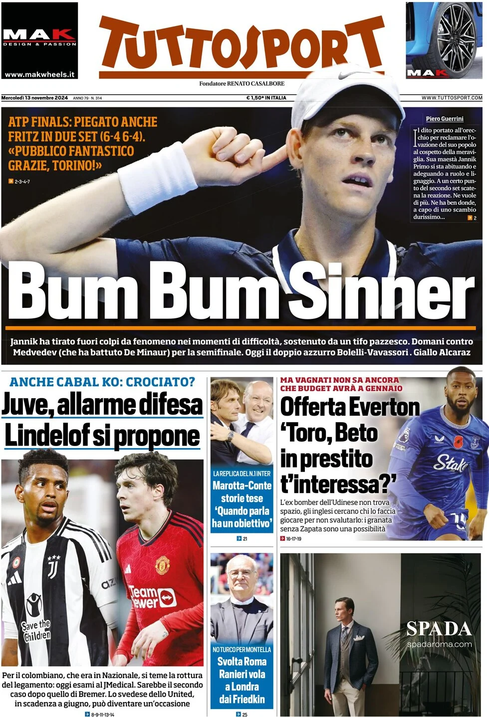 anteprima della prima pagina di tuttosport del 13/11/2024