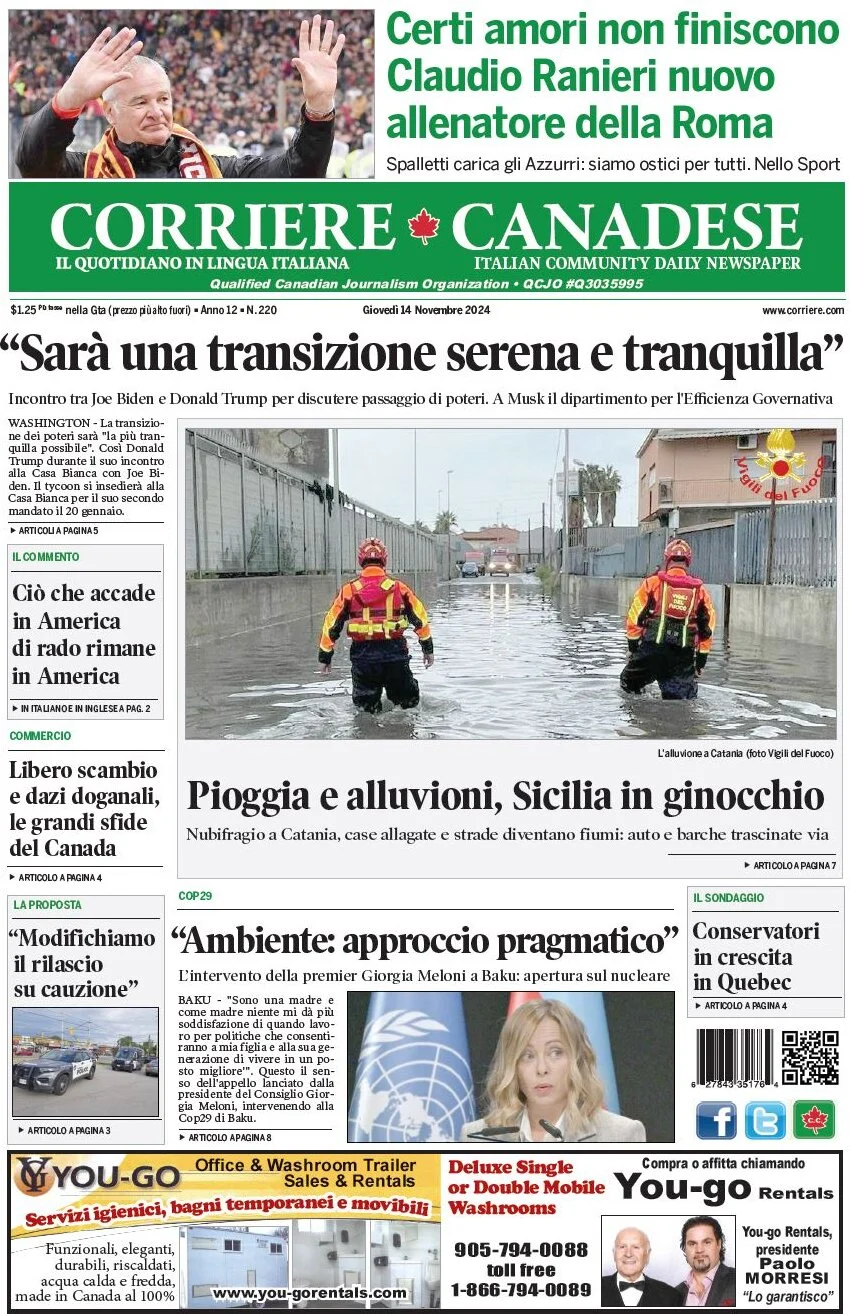 anteprima della prima pagina di corriere-canadese del 14/11/2024