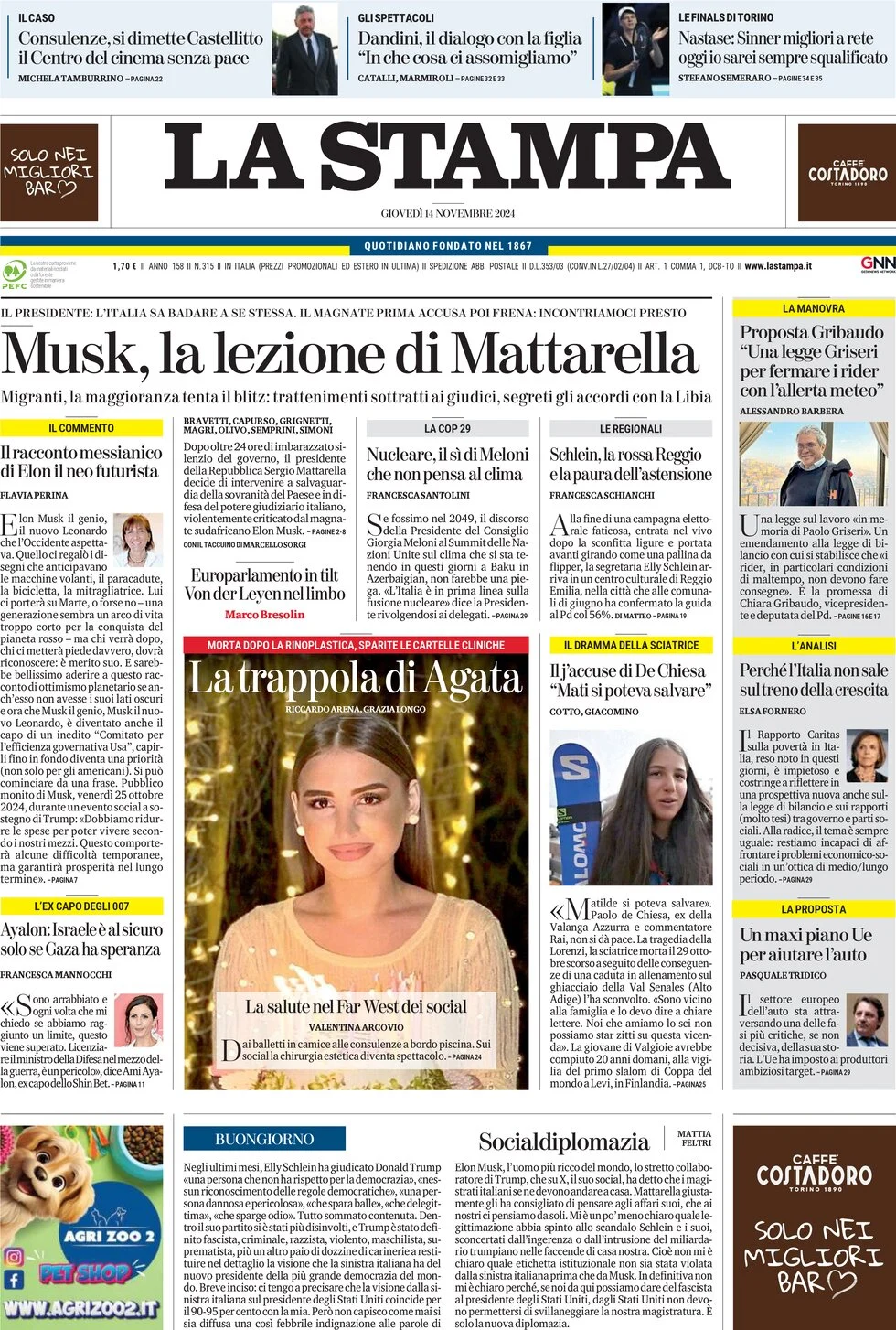 anteprima della prima pagina di la-stampa del 14/11/2024