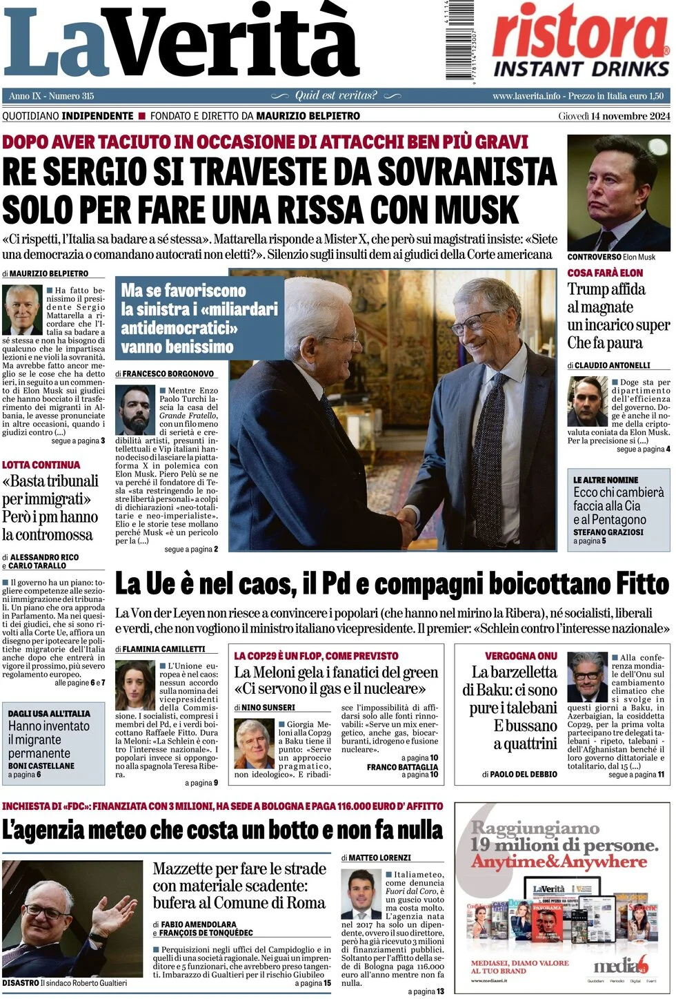 anteprima della prima pagina di la-verit del 14/11/2024
