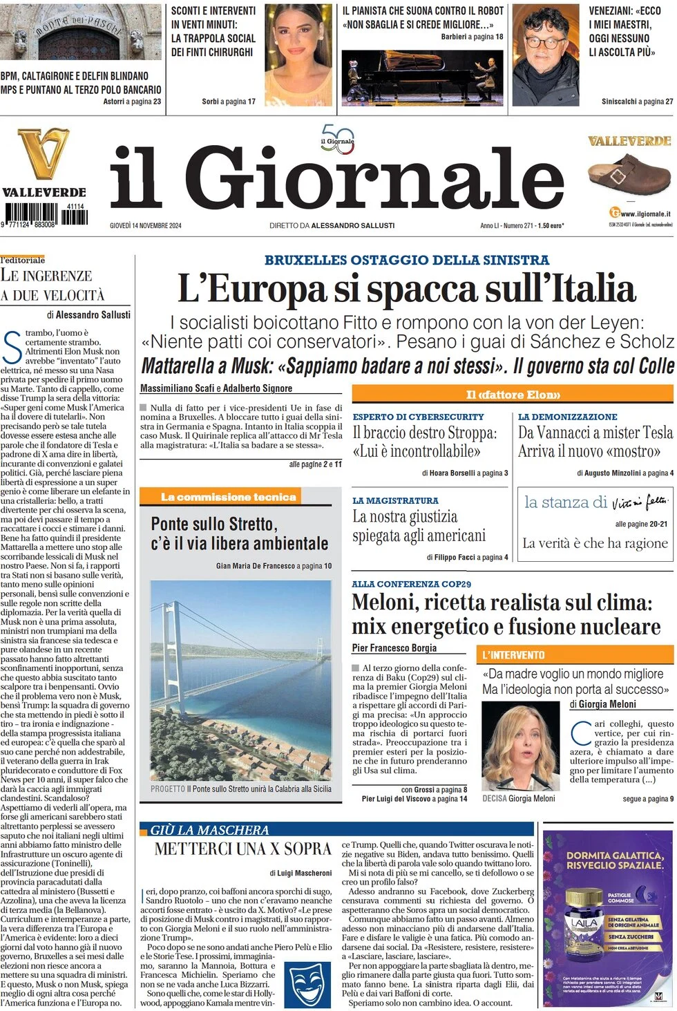 anteprima della prima pagina di il-giornale del 14/11/2024