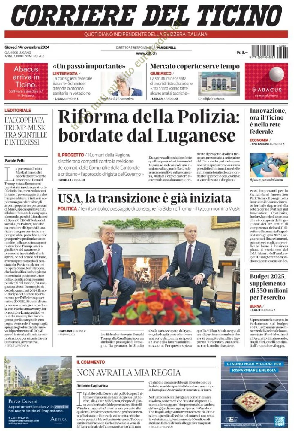anteprima della prima pagina di corriere-del-ticino del 14/11/2024
