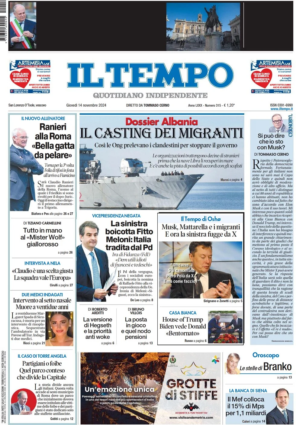 anteprima della prima pagina di il-tempo del 14/11/2024