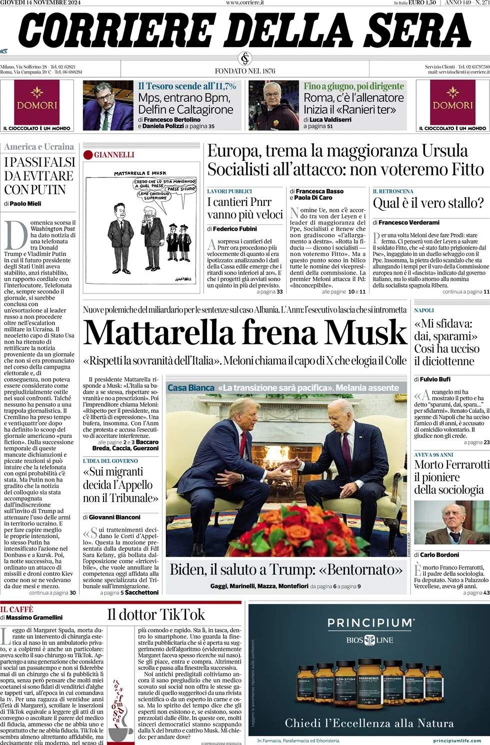 anteprima della prima pagina di corriere-della-sera del 14/11/2024