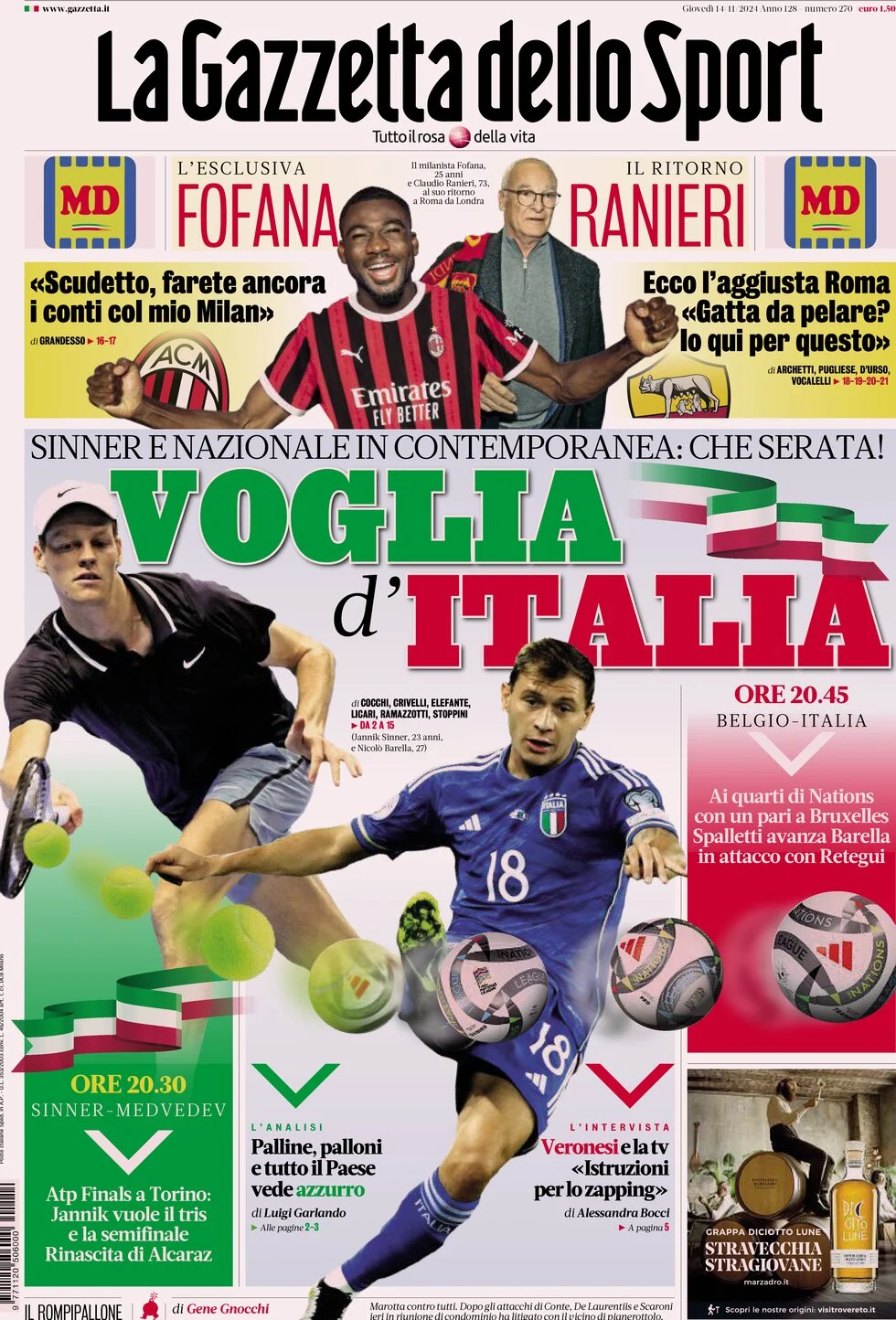 anteprima della prima pagina di la-gazzetta-dello-sport del 14/11/2024