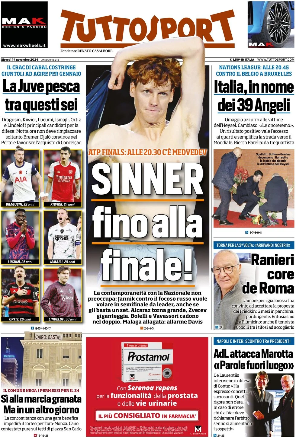 anteprima della prima pagina di tuttosport del 14/11/2024