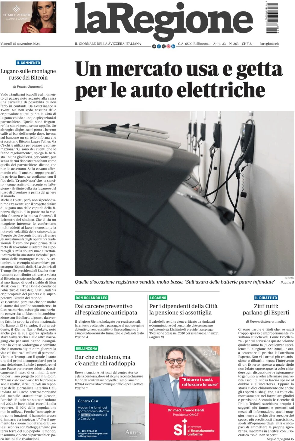 anteprima della prima pagina di la-regione del 15/11/2024
