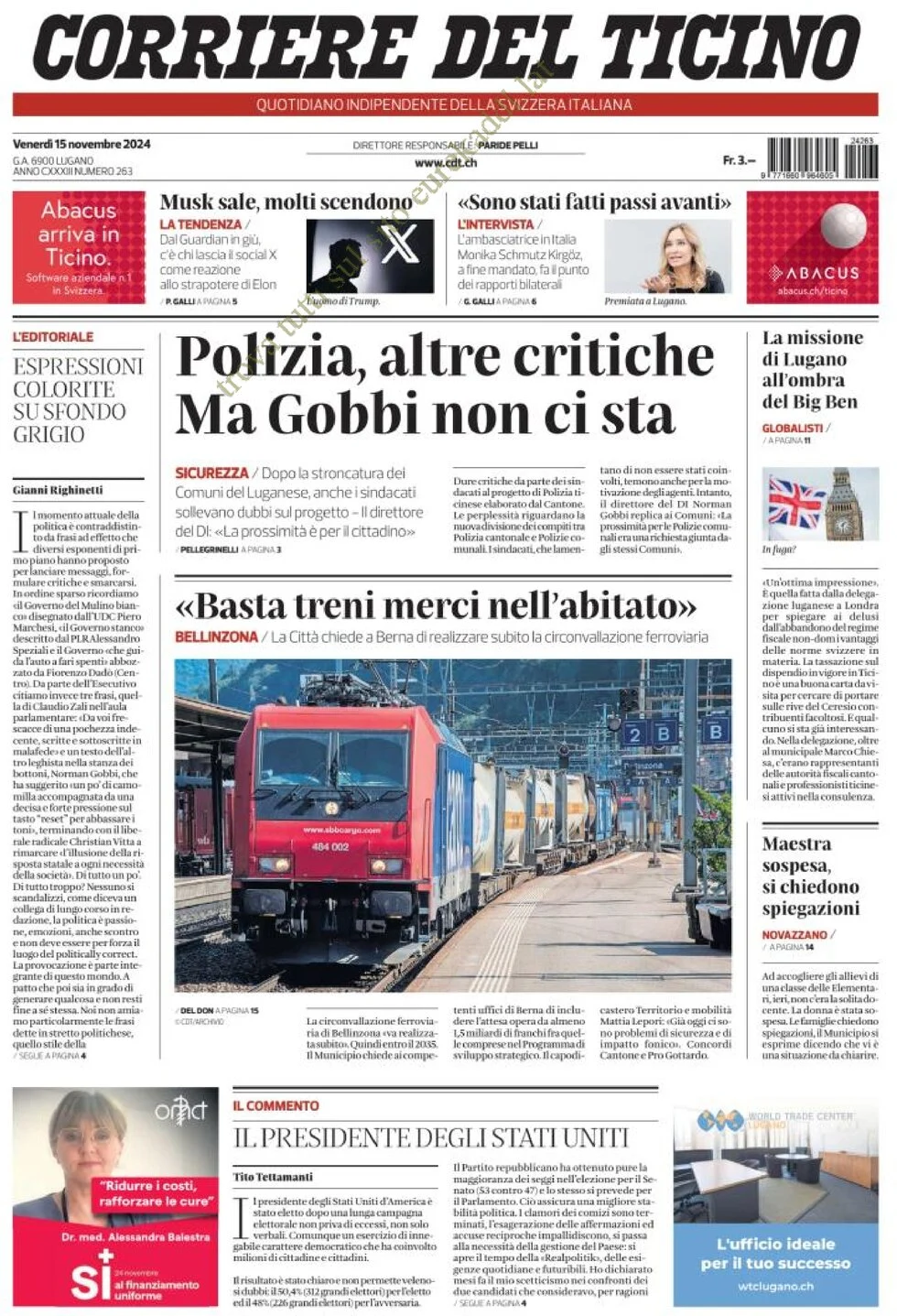 anteprima della prima pagina di corriere-del-ticino del 15/11/2024