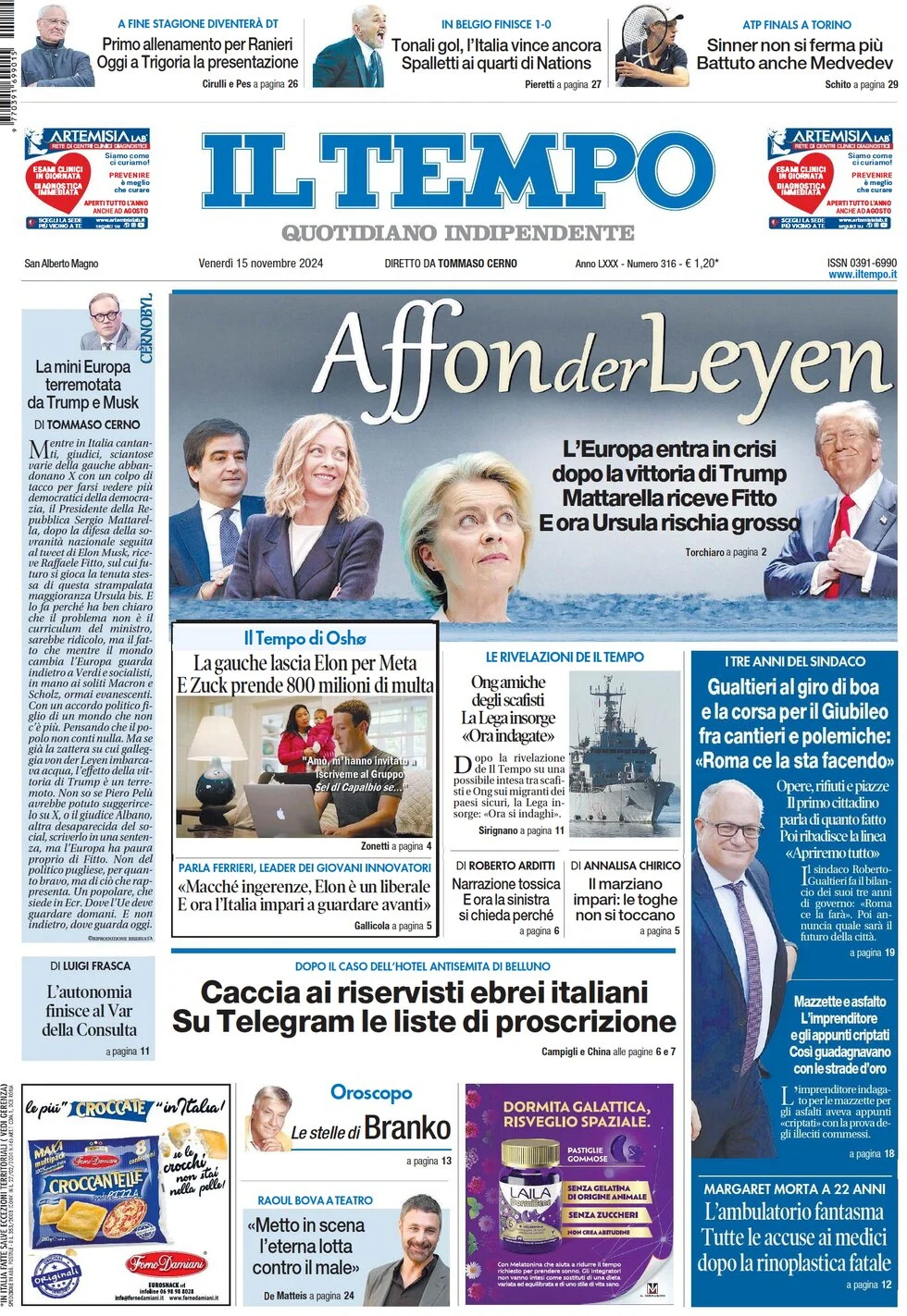 anteprima della prima pagina di il-tempo del 15/11/2024