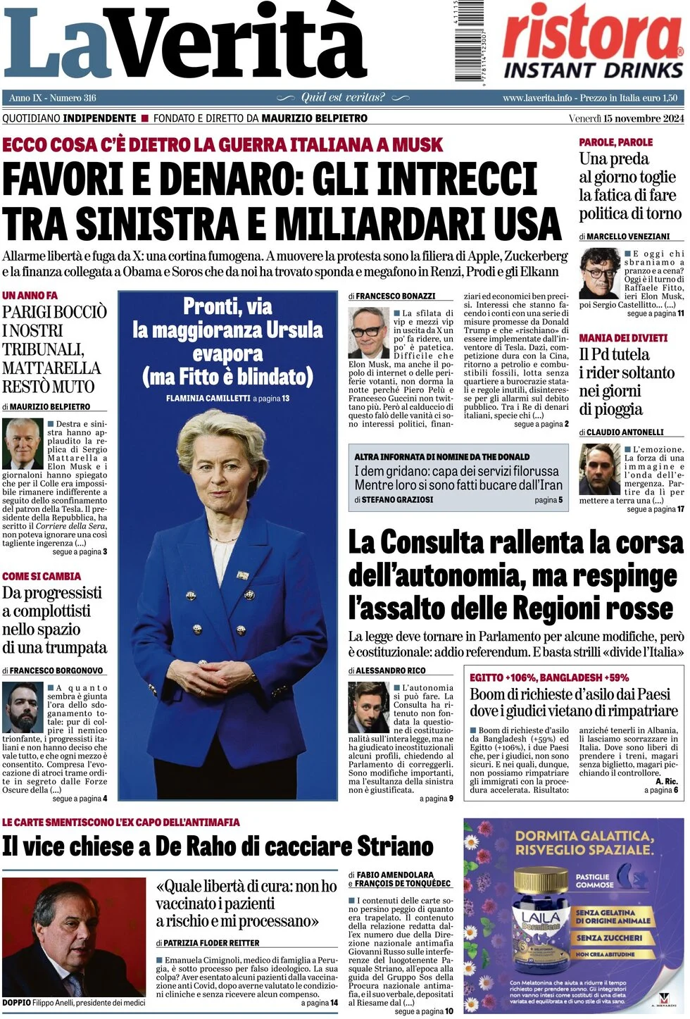 anteprima della prima pagina di la-verit del 15/11/2024