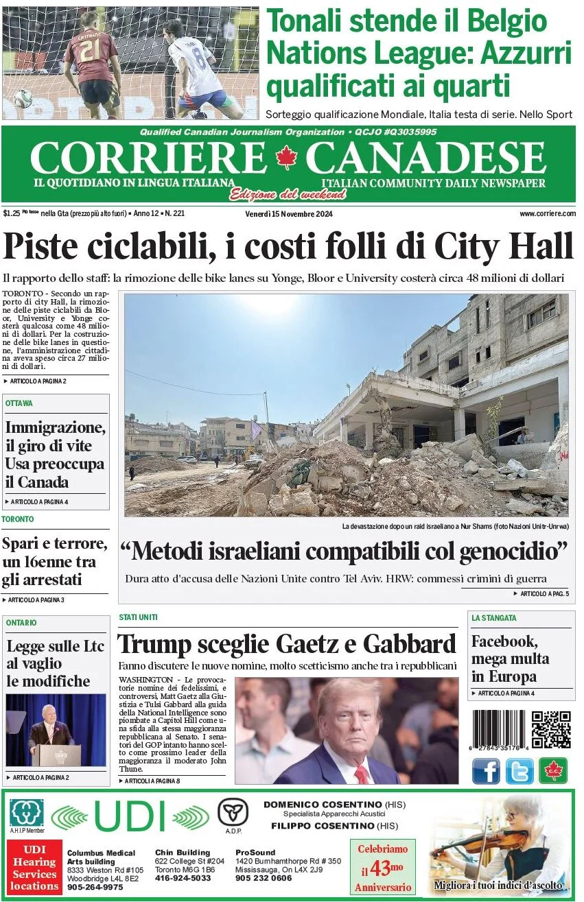 anteprima della prima pagina di corriere-canadese del 15/11/2024