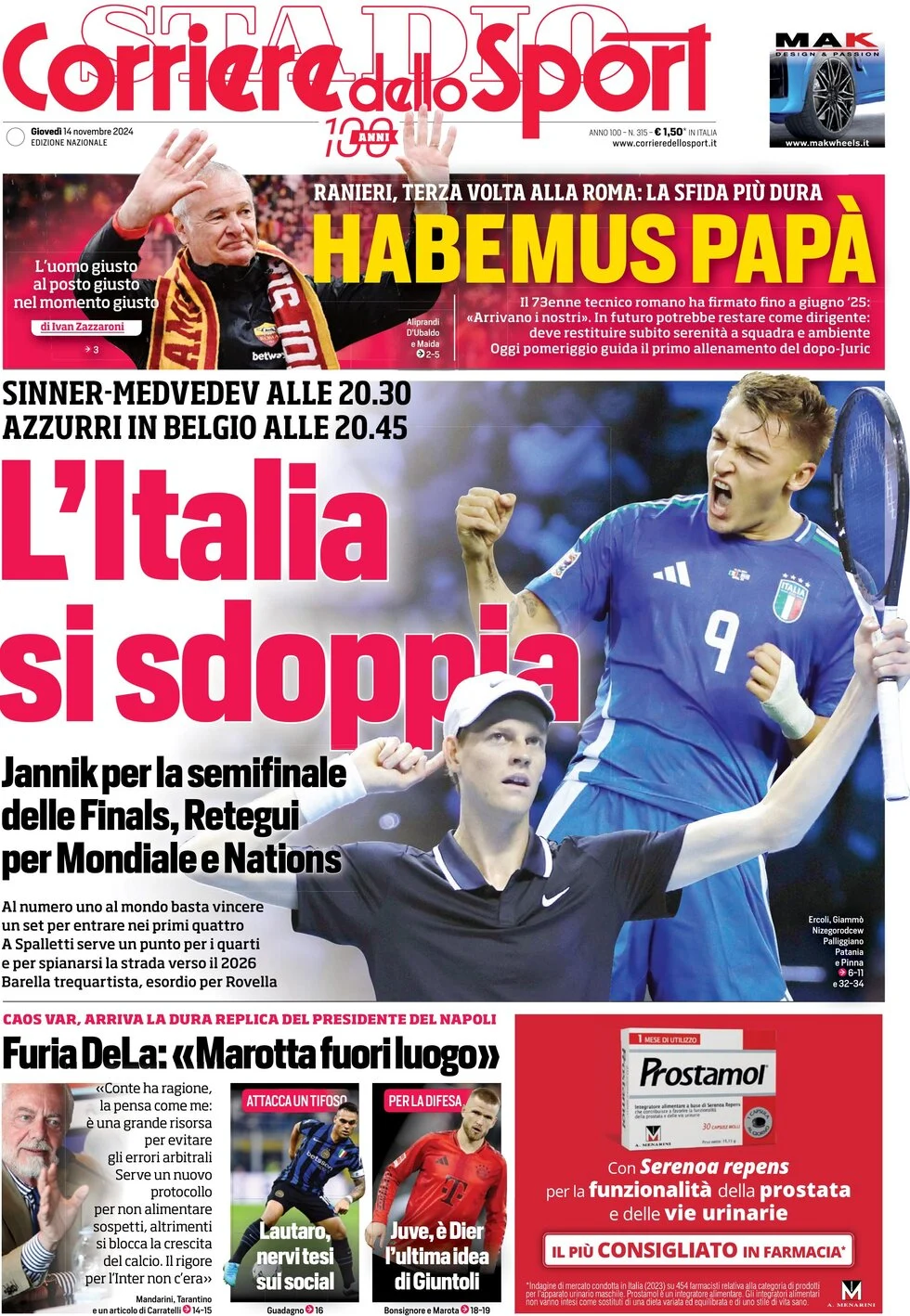 anteprima della prima pagina di corriere-dello-sport del 15/11/2024