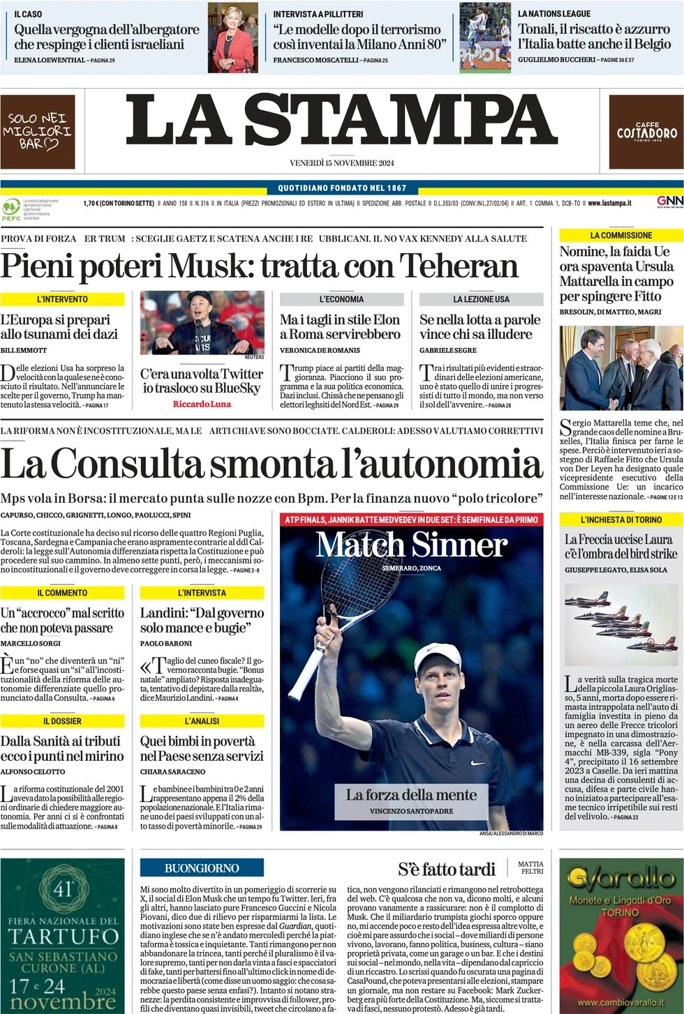 anteprima della prima pagina di la-stampa del 15/11/2024