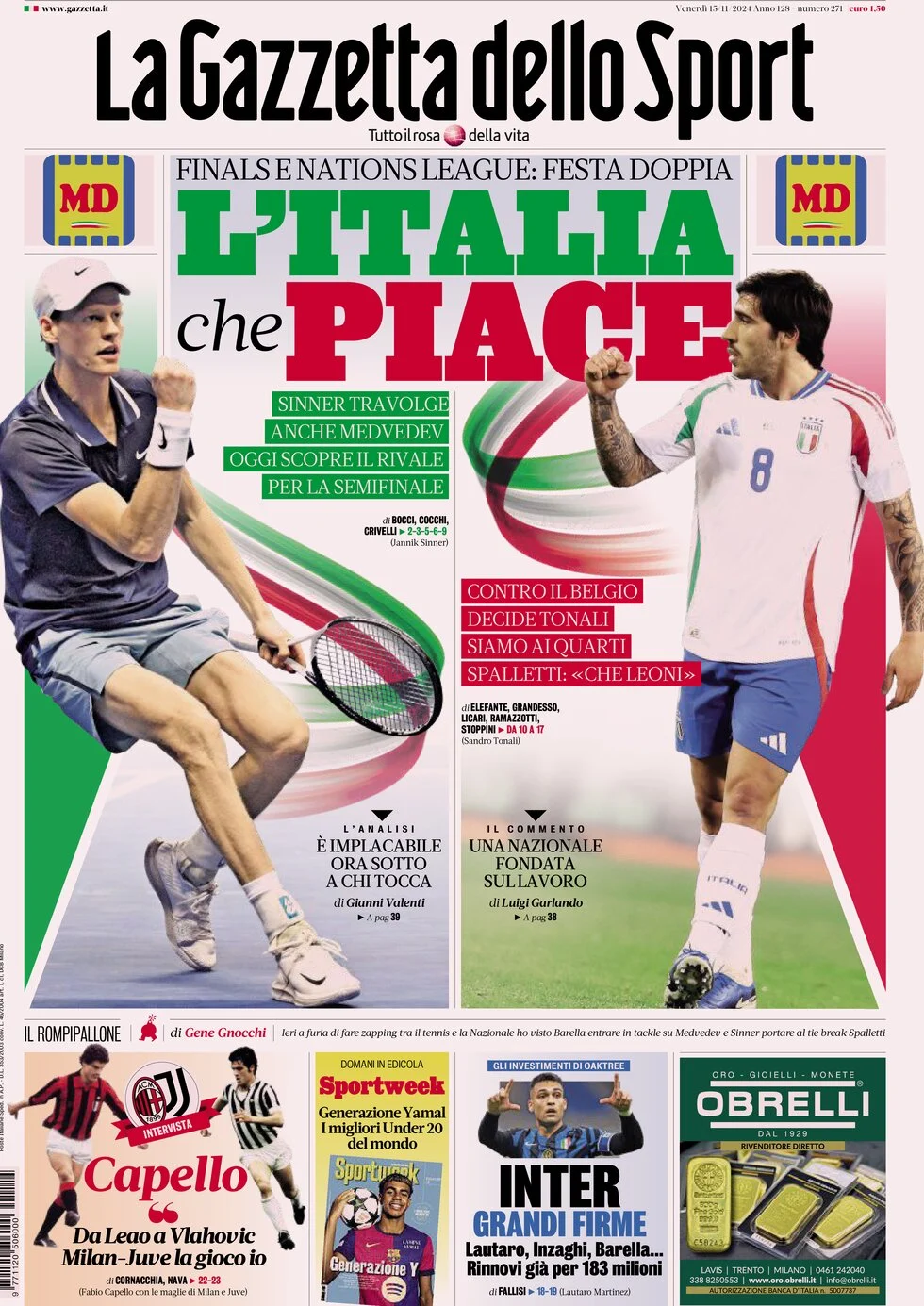 anteprima della prima pagina di la-gazzetta-dello-sport del 15/11/2024