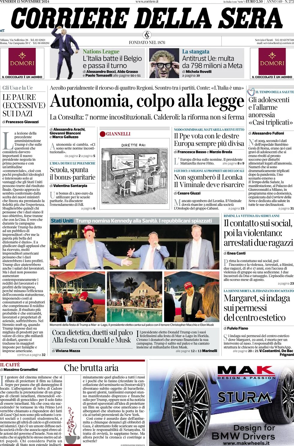anteprima della prima pagina di corriere-della-sera del 15/11/2024