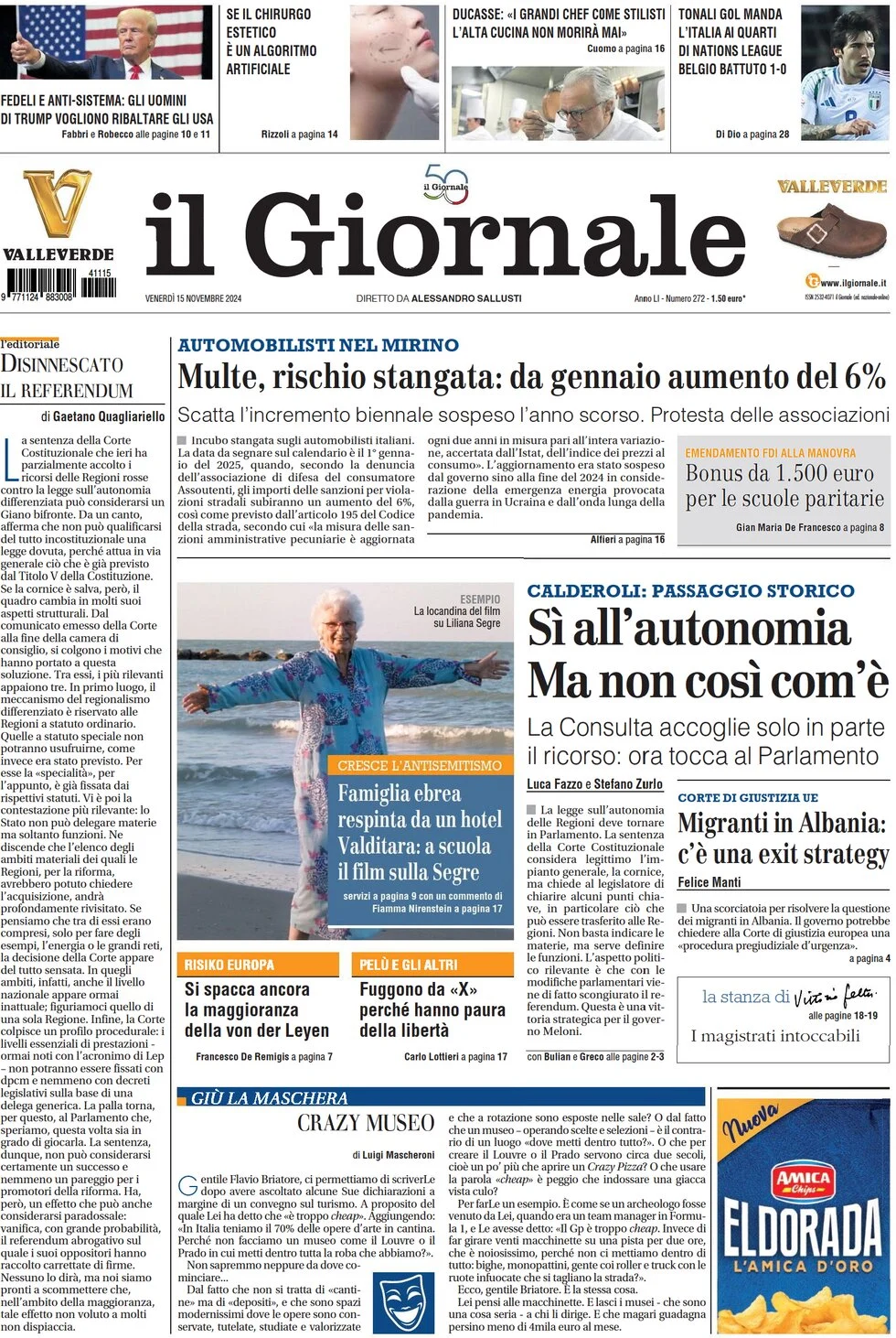 anteprima della prima pagina di il-giornale del 15/11/2024