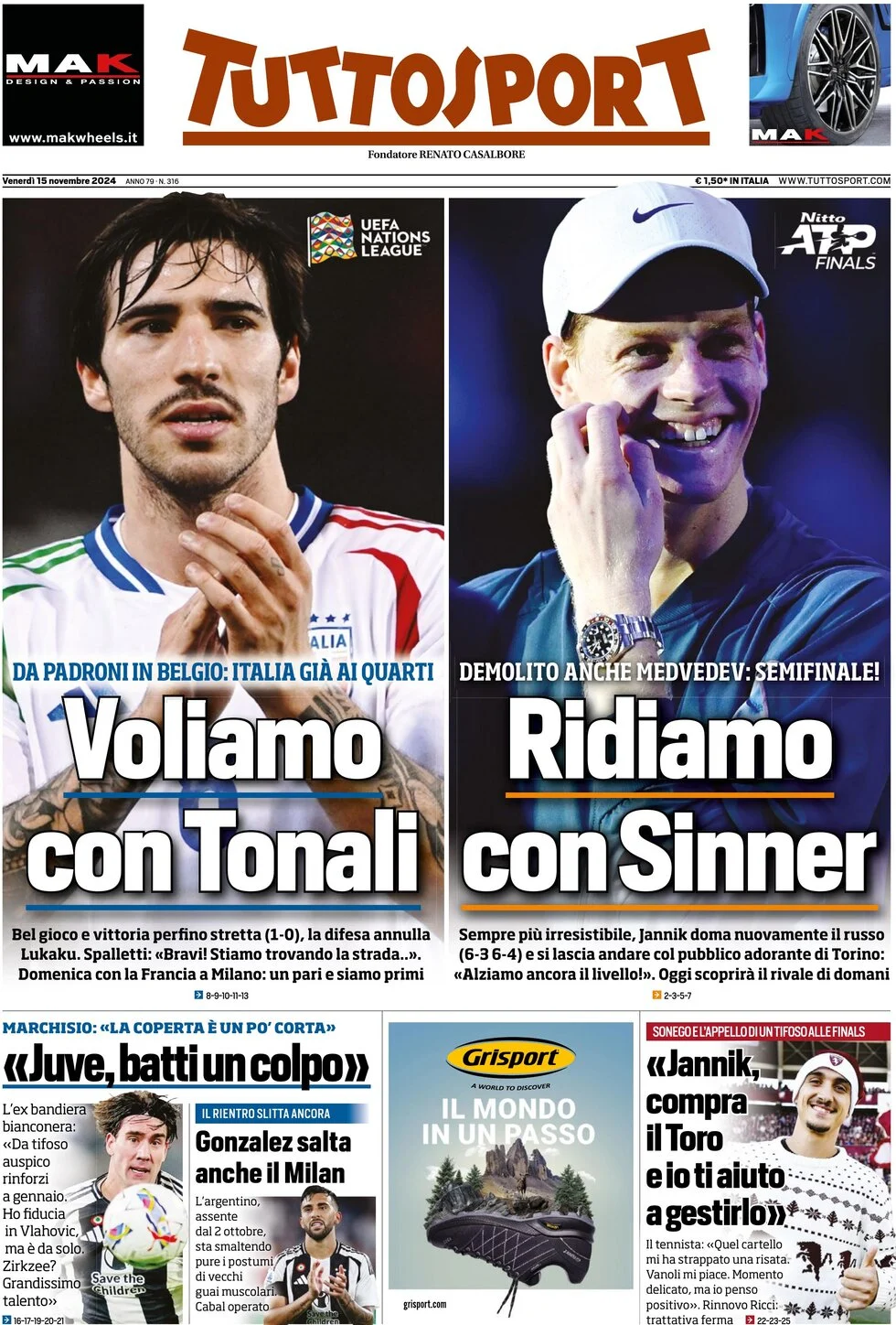 anteprima della prima pagina di tuttosport del 15/11/2024