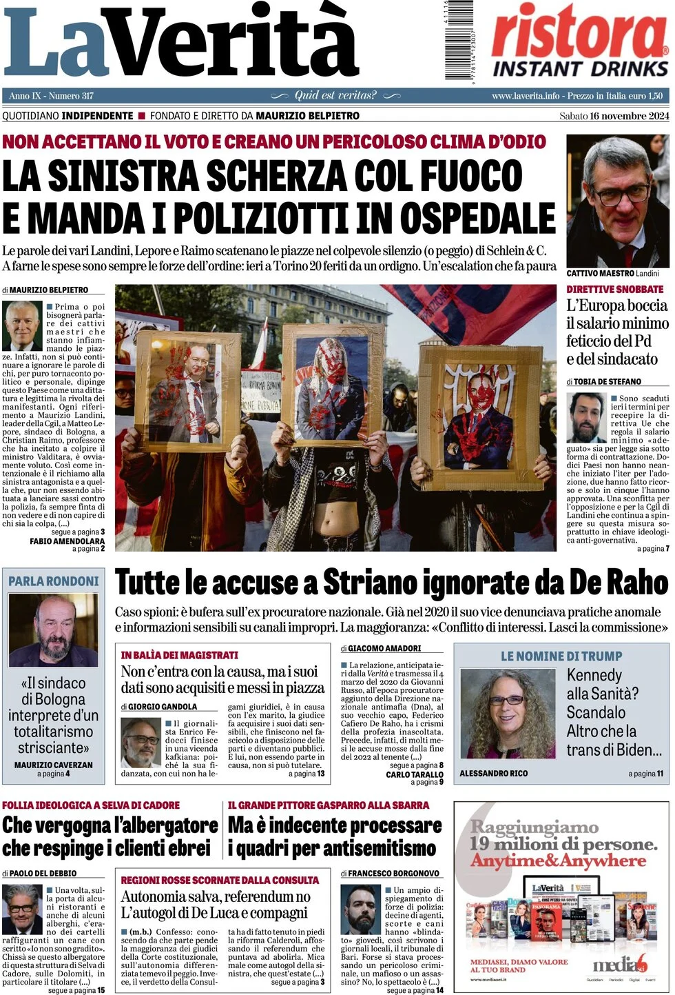 anteprima della prima pagina di la-verit del 16/11/2024