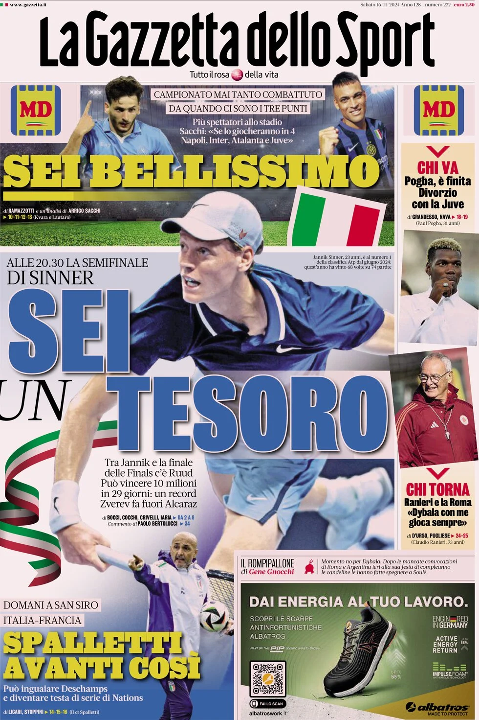 anteprima della prima pagina di la-gazzetta-dello-sport del 16/11/2024