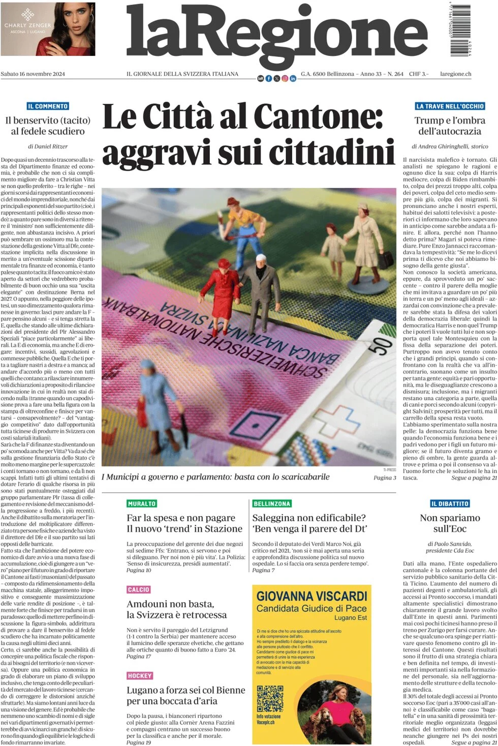 anteprima della prima pagina di la-regione del 16/11/2024