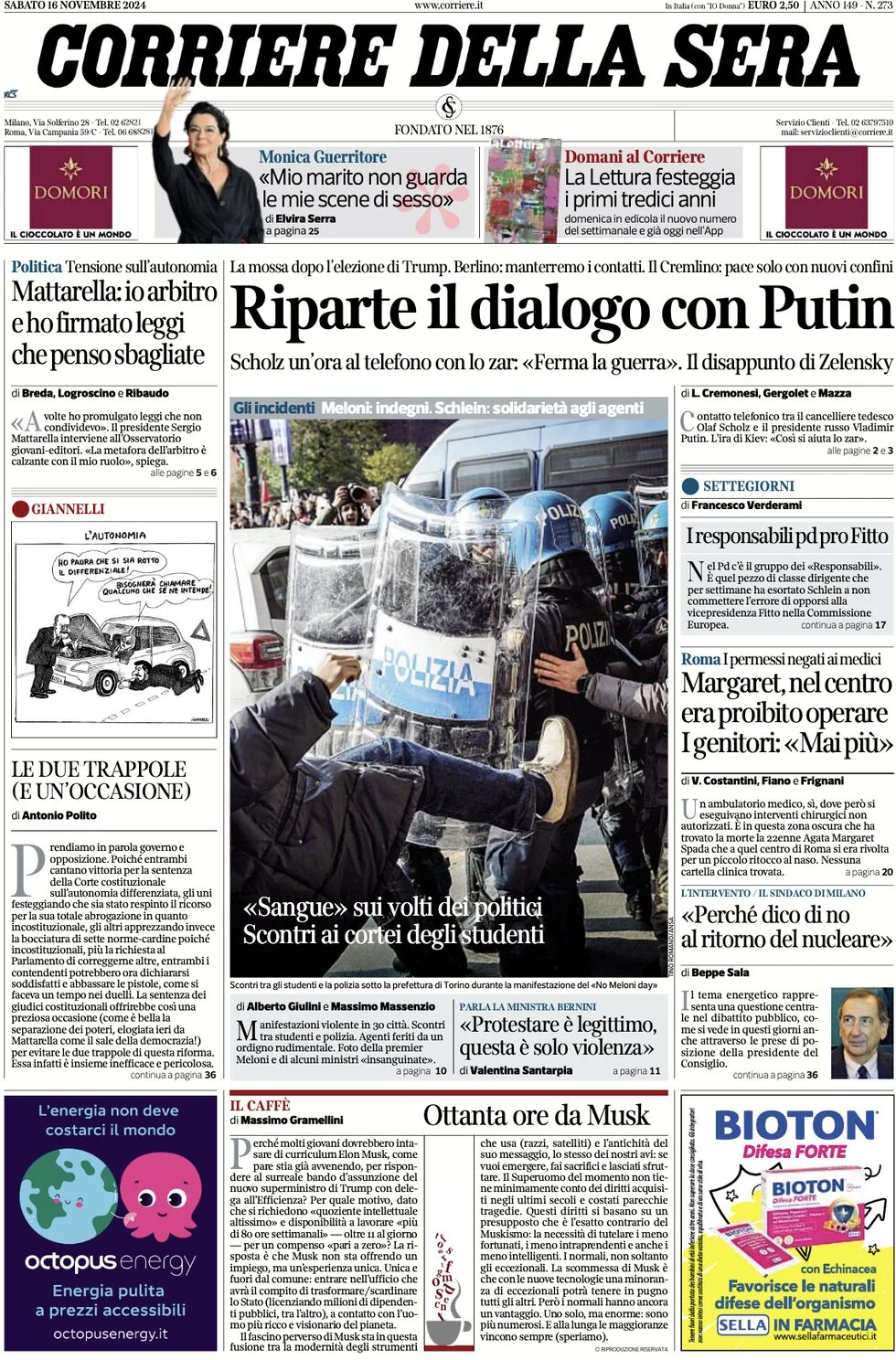 anteprima della prima pagina di corriere-della-sera del 16/11/2024