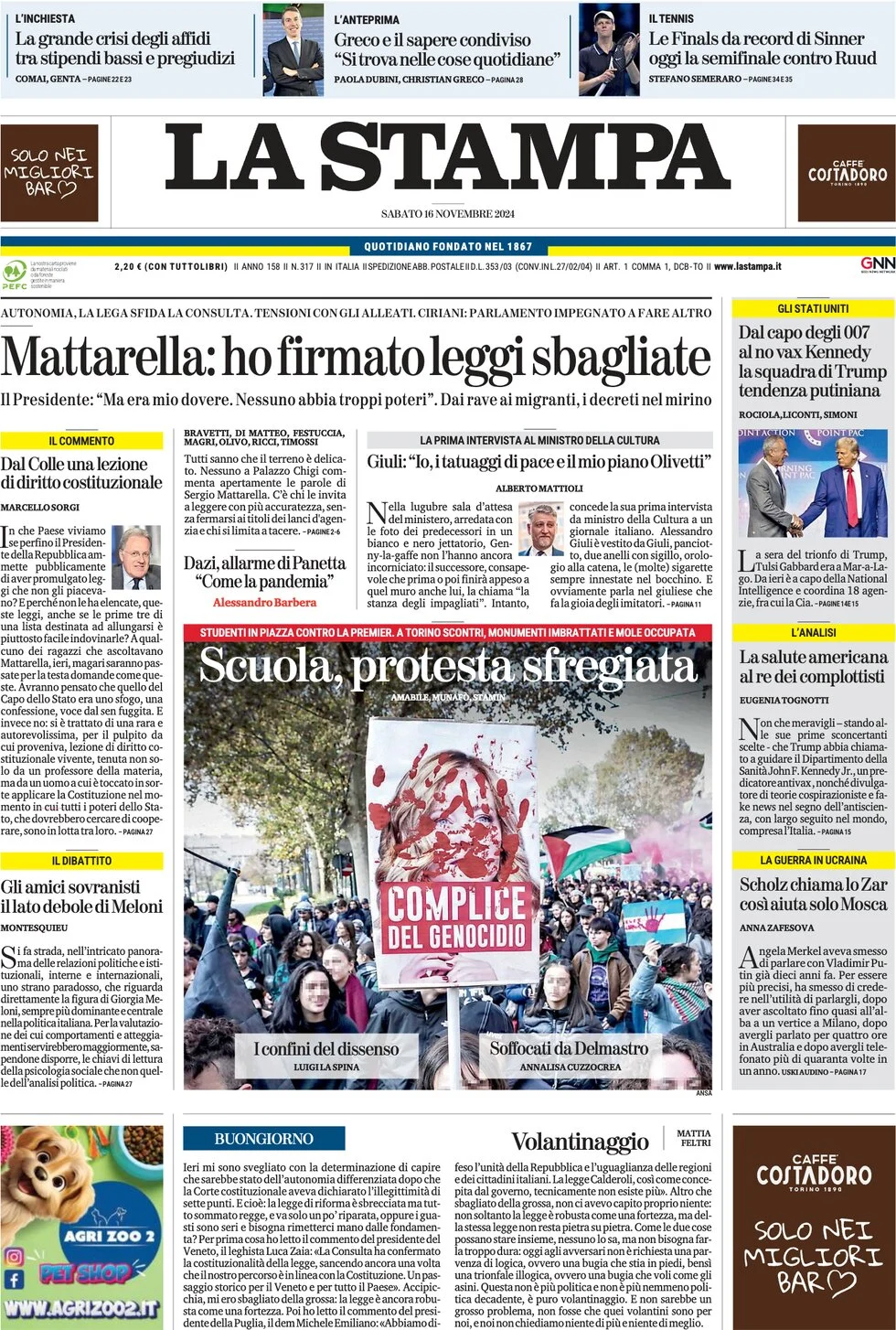 anteprima della prima pagina di la-stampa del 16/11/2024