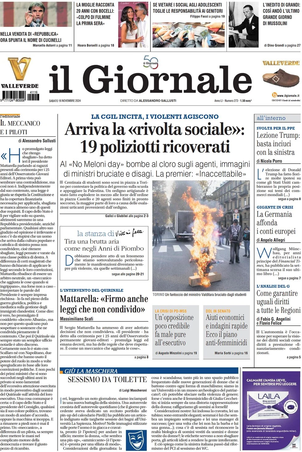 anteprima della prima pagina di il-giornale del 16/11/2024