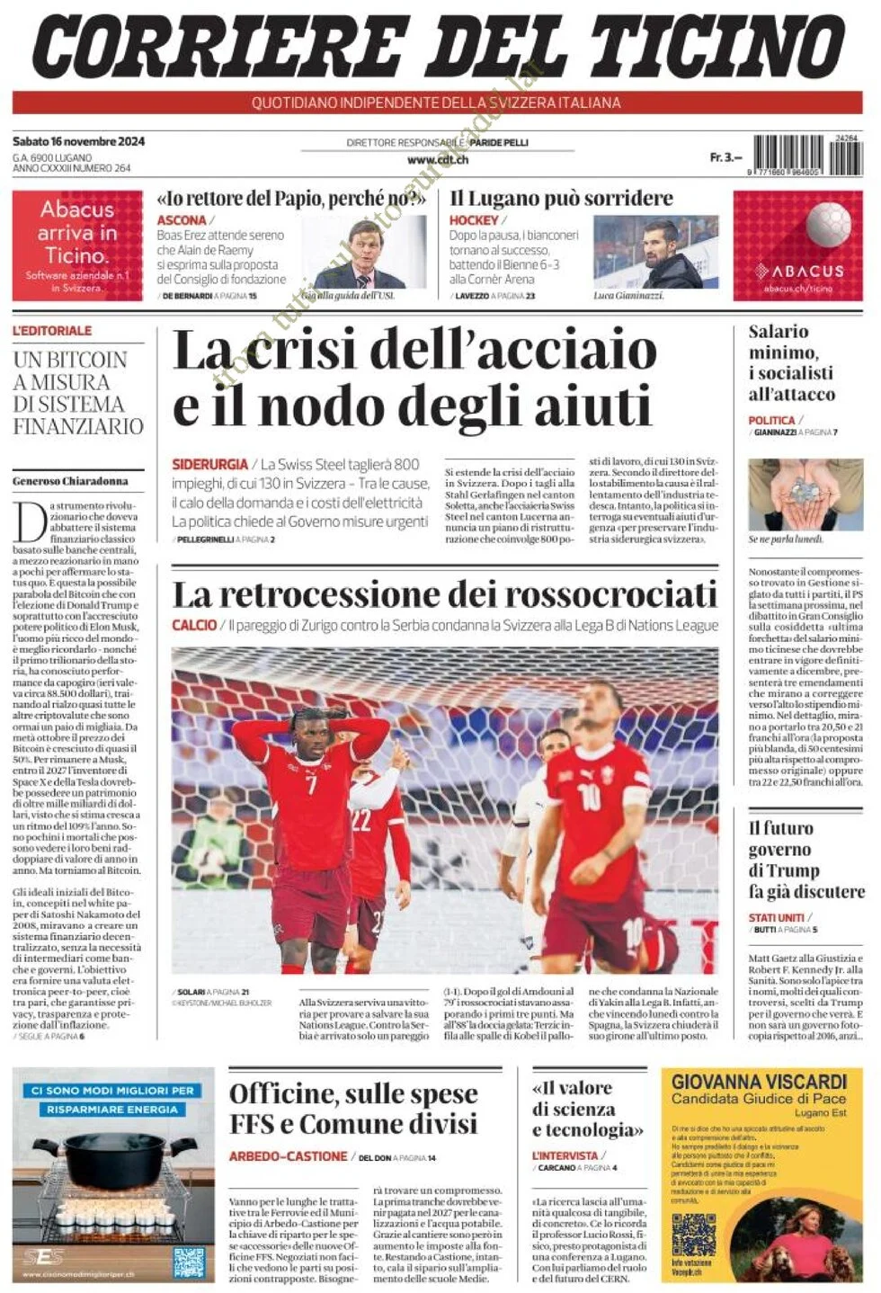anteprima della prima pagina di corriere-del-ticino del 16/11/2024